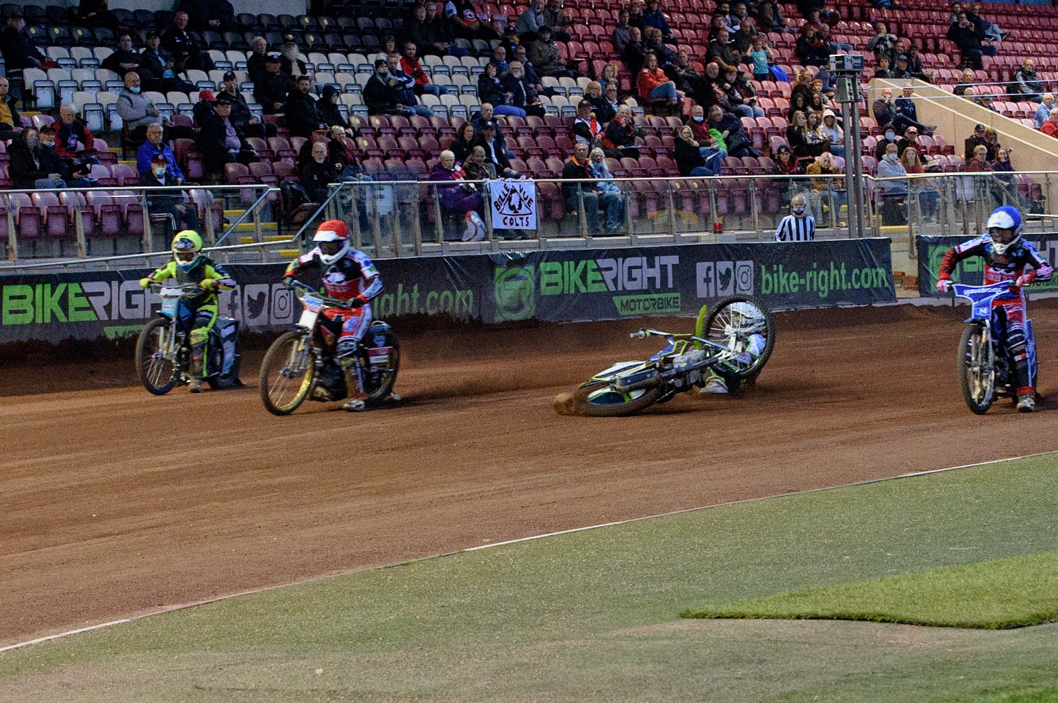 MANCHESTER, UK. MAY 28TH  at the start of heat 14 Ben Rathbone  falls after getting too much drive during the SGB National Development League match between Belle Vue Colts and Berwick Bullets at the National Speedway Stadium, Manchester on Friday 28th May 2021. (Credit: Ian Charles | MI News)