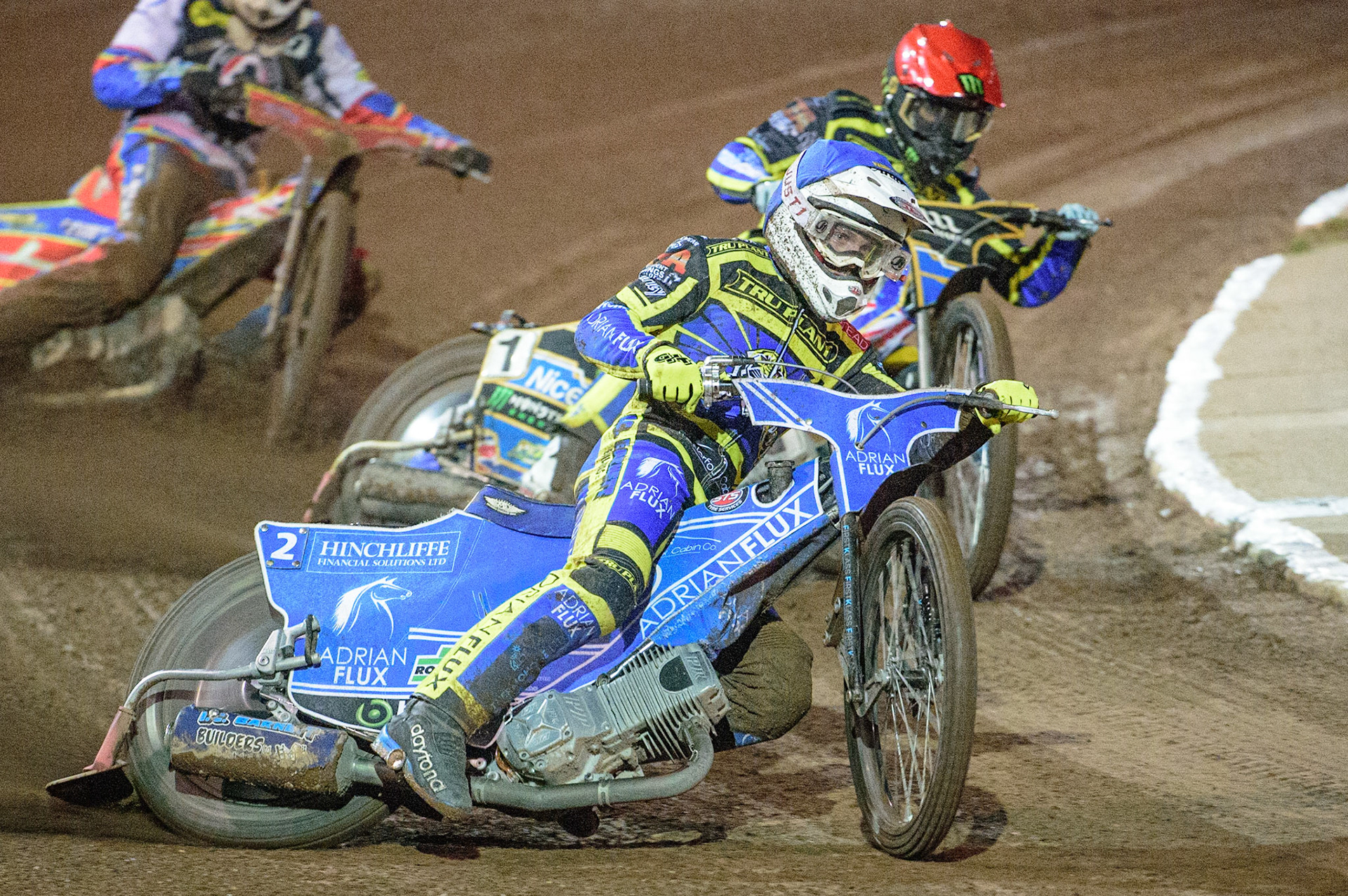 Lewis Kerr (Blue) leads team mate Jack Holder (Red) during the SGB Premiership Grand Final 2nd Leg between Sheffield Tigers and Belle Vue Aces at Owlerton Stadium, Sheffield on Thursday 13th October 2022. (Credit: Ian Charles | MI News)