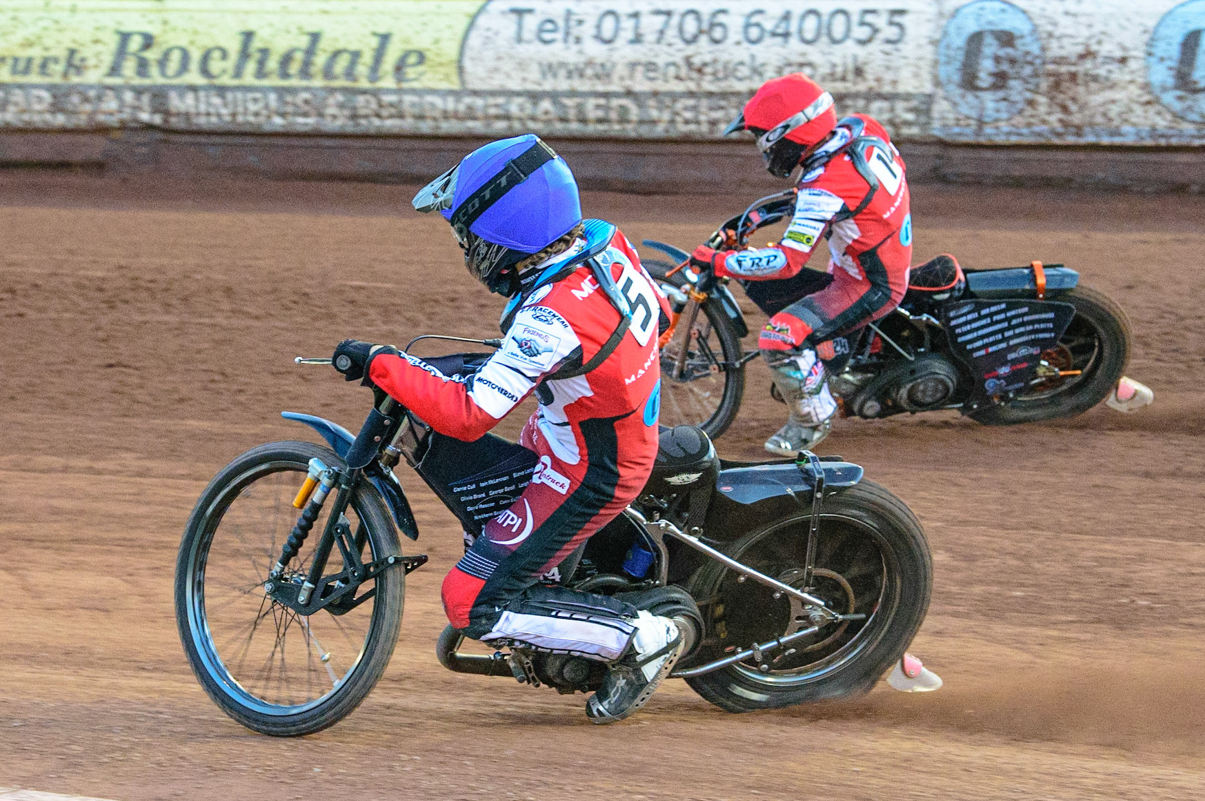 Harry McGurk  (Blue) inside team mate Jack Smith  (Red) during the National Development League match between Belle Vue Colts and Mildenhall Fens Tigers at the National Speedway Stadium, Manchester on Friday 15th July 2022. (Credit: Ian Charles | MI News)