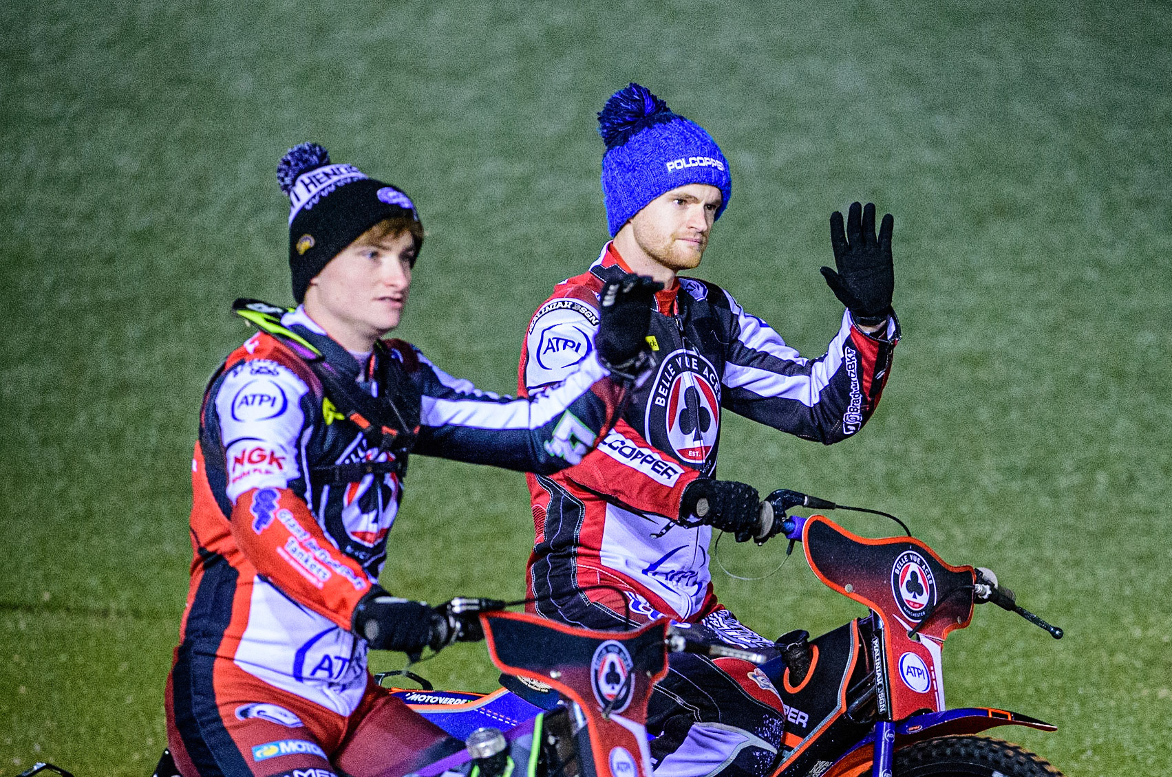 Tom Brennan  (left) and Brady Kurtz  on the parade lap during the SGB Premiership Grand Final 1st leg between Belle Vue Aces and Sheffield Tigers at the National Speedway Stadium, Manchester on Monday 10th October 2022. (Credit: Ian Charles | MI News)