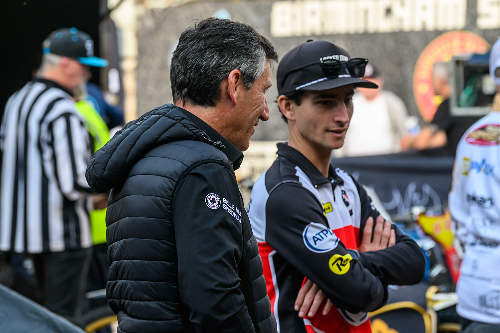 Belle Vue Aces' Team Manager Mark Lemon (Left) with Belle Vue Aces' Zach Cook during the Rowe Motor Oil Premiership match between Birmingham Brummies and Belle Vue Aces at Perry Bar Stadium, Birmingham on Monday 2nd June 2025. (Photo: Ian Charles | MI News)