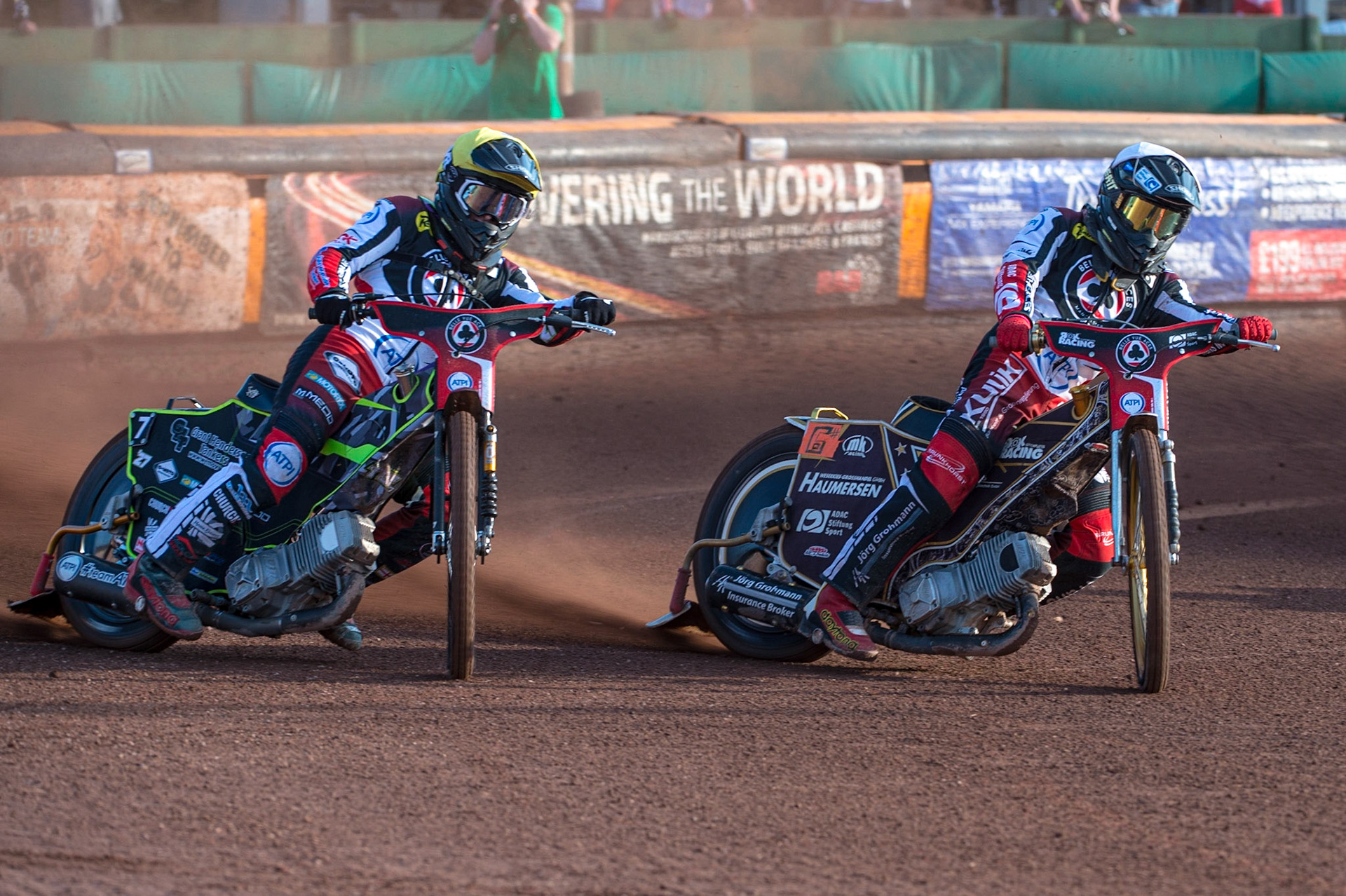 WOLVERHAMPTON, UK. JUN 20TH Tom Brennan  (Yellow)  and Norick Blödorn (White) during the SGB Premiership match between Wolverhampton Wolves and Belle Vue Aces at Monmore Green Stadium, Wolverhampton on Monday 20th June 2022. (Credit: Ian Charles | MI News)