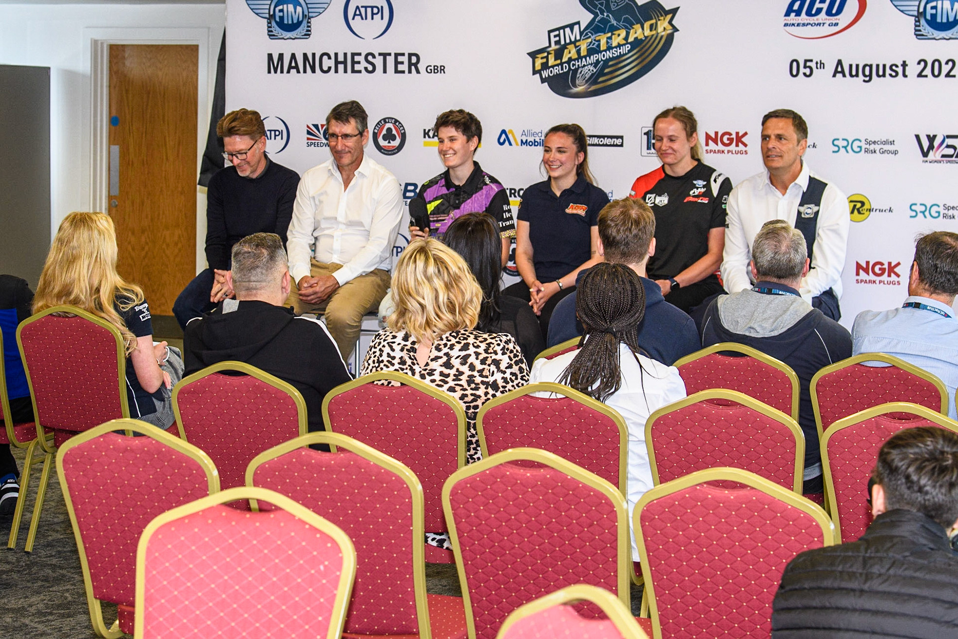 The panel with the press at the WSA Launch during the FIM Flat Track World Championship &amp; FIM Women's Speedway Academy Launch at the National Speedway Stadium, Manchester on Monday 3rd July 2023. (Photo: Ian Charles | MI News)