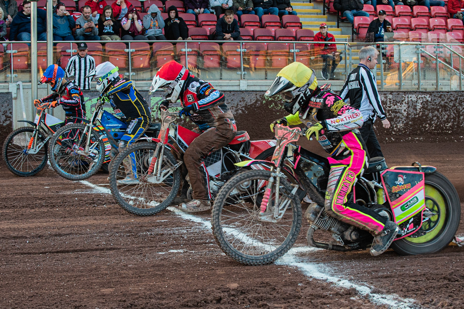 Photo: Ian Charles

(r-l) Sheldon Davies  (Yellow), Danny Phillips  (Red) Scott Campos  (White) and Jordan Palin  (Blue)

Belle Vue Colts v Plymouth Gladiators National League, Belle Vue National Speedway Stadium, Manchester, Thursday 23  May  2019