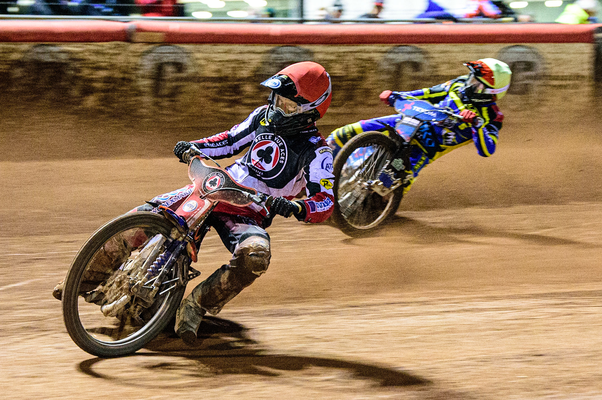 Brady Kurtz  (Red) leads Tobiasz Musielak  (Yellow) during the SGB Premiership Grand Final 1st leg between Belle Vue Aces and Sheffield Tigers at the National Speedway Stadium, Manchester on Monday 10th October 2022. (Credit: Ian Charles | MI News)