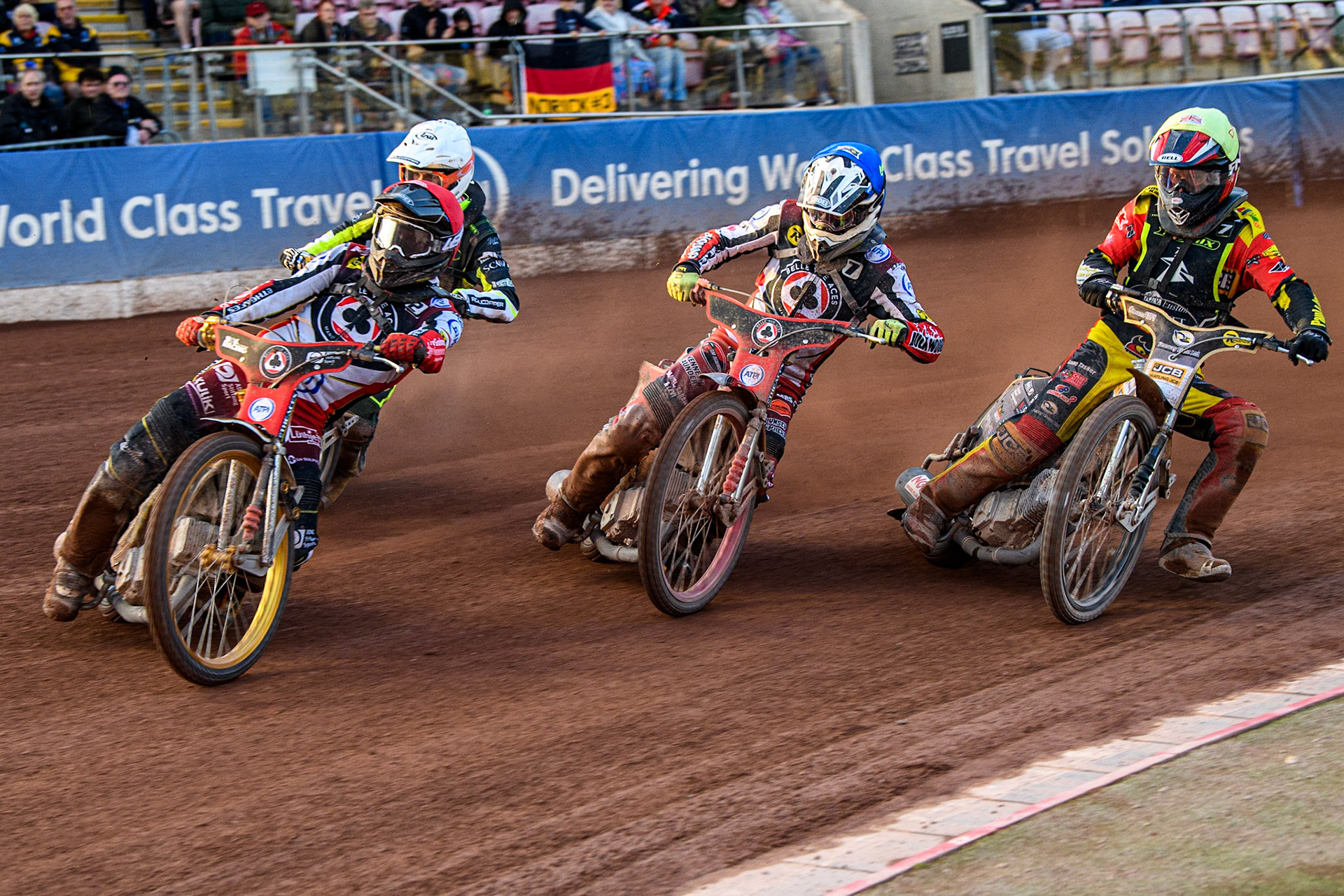 Norick Blodorn (Red) leads Connor Bailey (Red) Keynan Rew (White) and Dan Thompson (Yellow) during the Sports Insure Premiership match between Belle Vue Aces and Ipswich Witches at the National Speedway Stadium, Manchester on Monday 17th July 2023. (Photo: Ian Charles | MI News)
