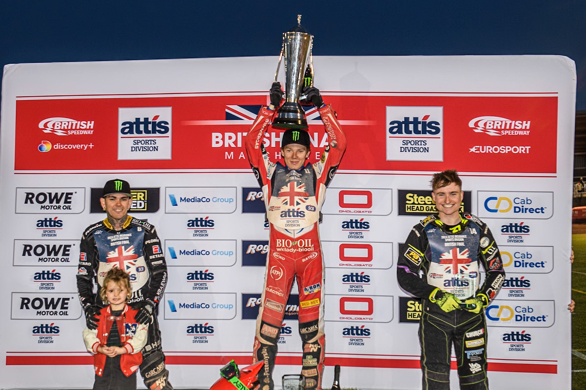 British Final Top3: (L to R) Tai Woffinden (2nd), \BF11\ (Champion), Tom Brennan (3rd) during the Attis Insurance Sports Division British Speedway Championship Final at the National Speedway Stadium, Manchester on Saturday 8th June 2024. (Photo: Ian Charles | MI News)