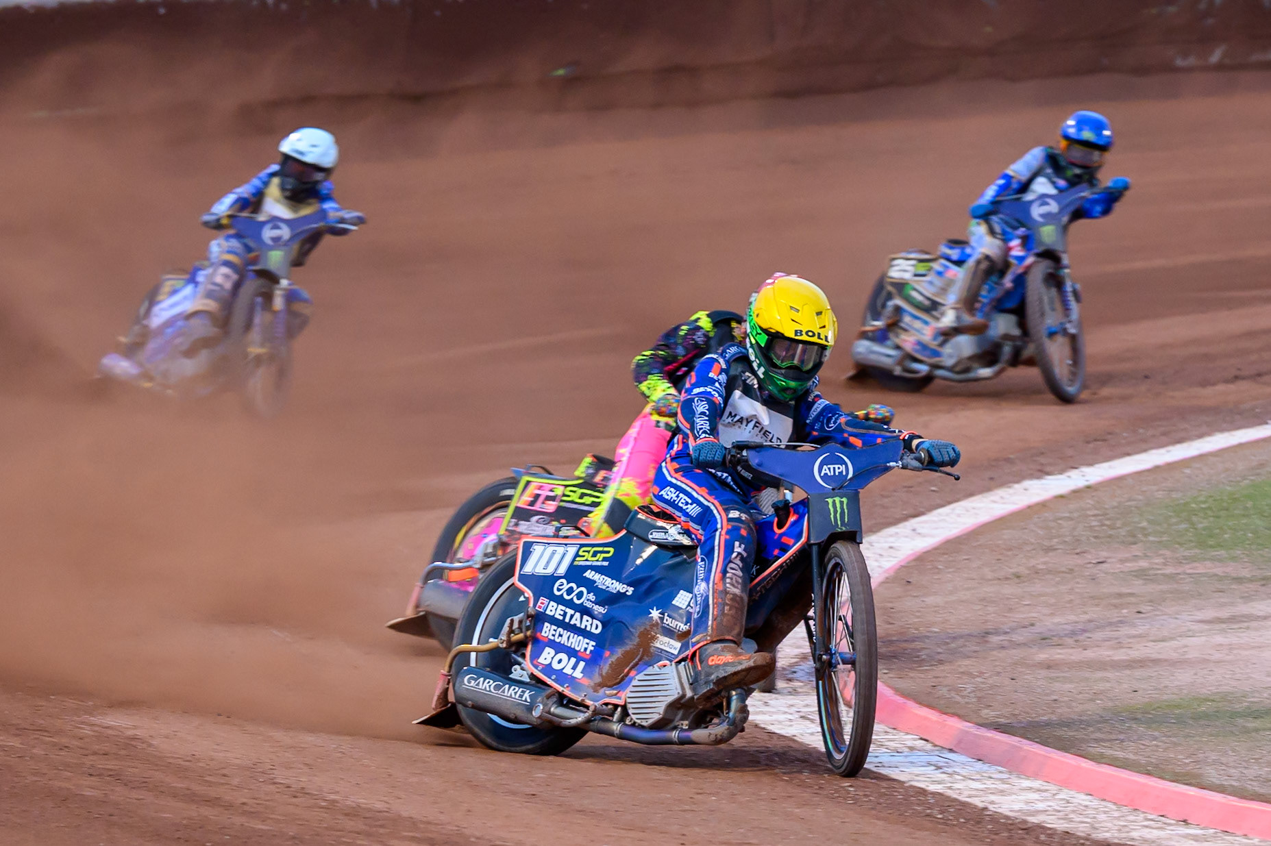 On the last turn of the Final, Brady Kurtz (101) of Australia in Yellow leads Michael Jepsen Jensen (52) of Denmark in Red, Bartosz Zmarzlik (95) of Poland in White and Jack Holder (25) of Australia in Blue to win during the ATPI  FIM Speedway GP of Manchester at the National Speedway Stadium, Manchester on Saturday 6th June 2026. (Photo: Ian Charles | MI News)