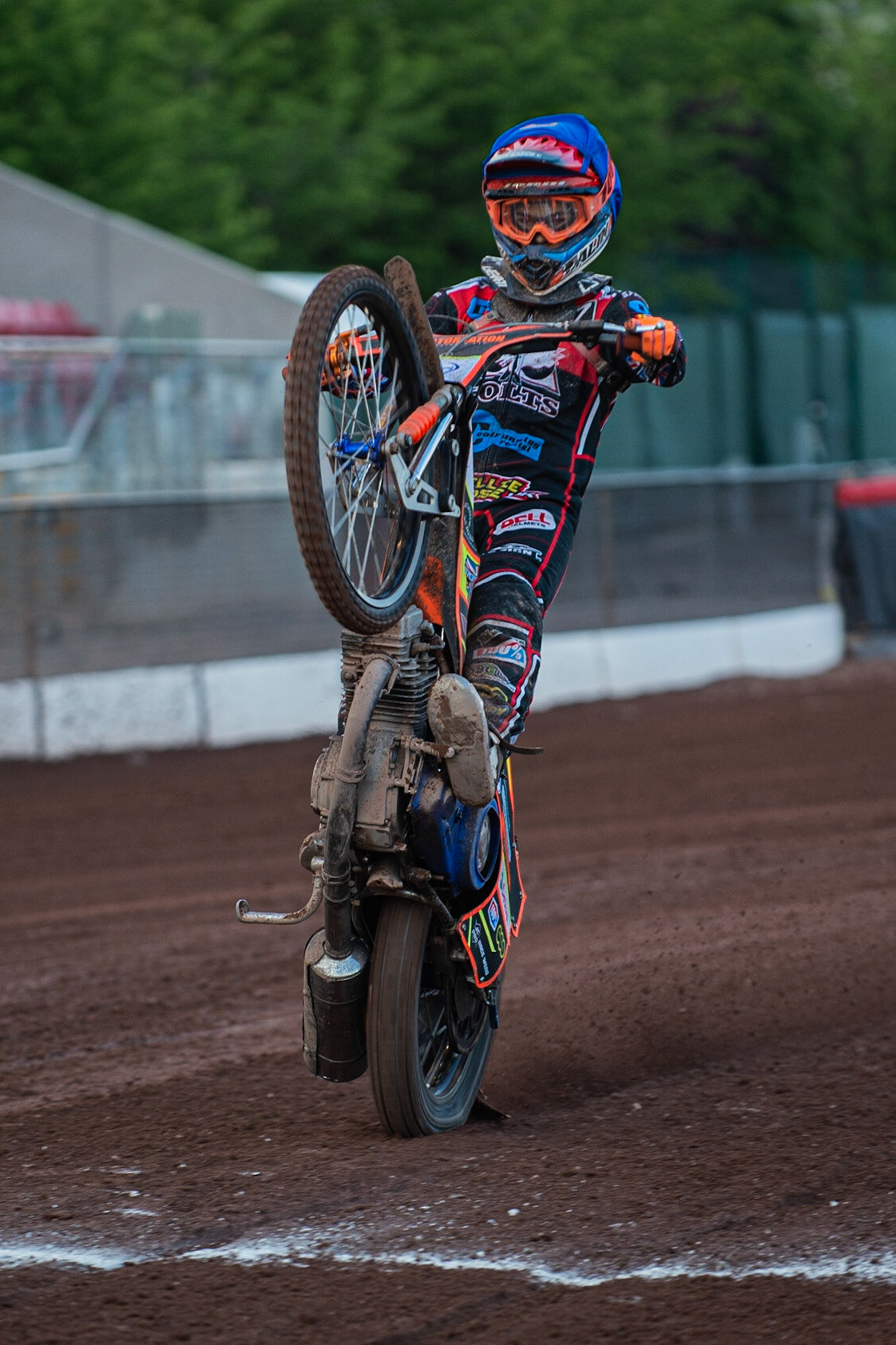 Photo: Ian Charles

Jordan Palin  pulls a wheelie

Belle Vue Colts v Plymouth Gladiators National League, Belle Vue National Speedway Stadium, Manchester, Thursday 23  May  2019