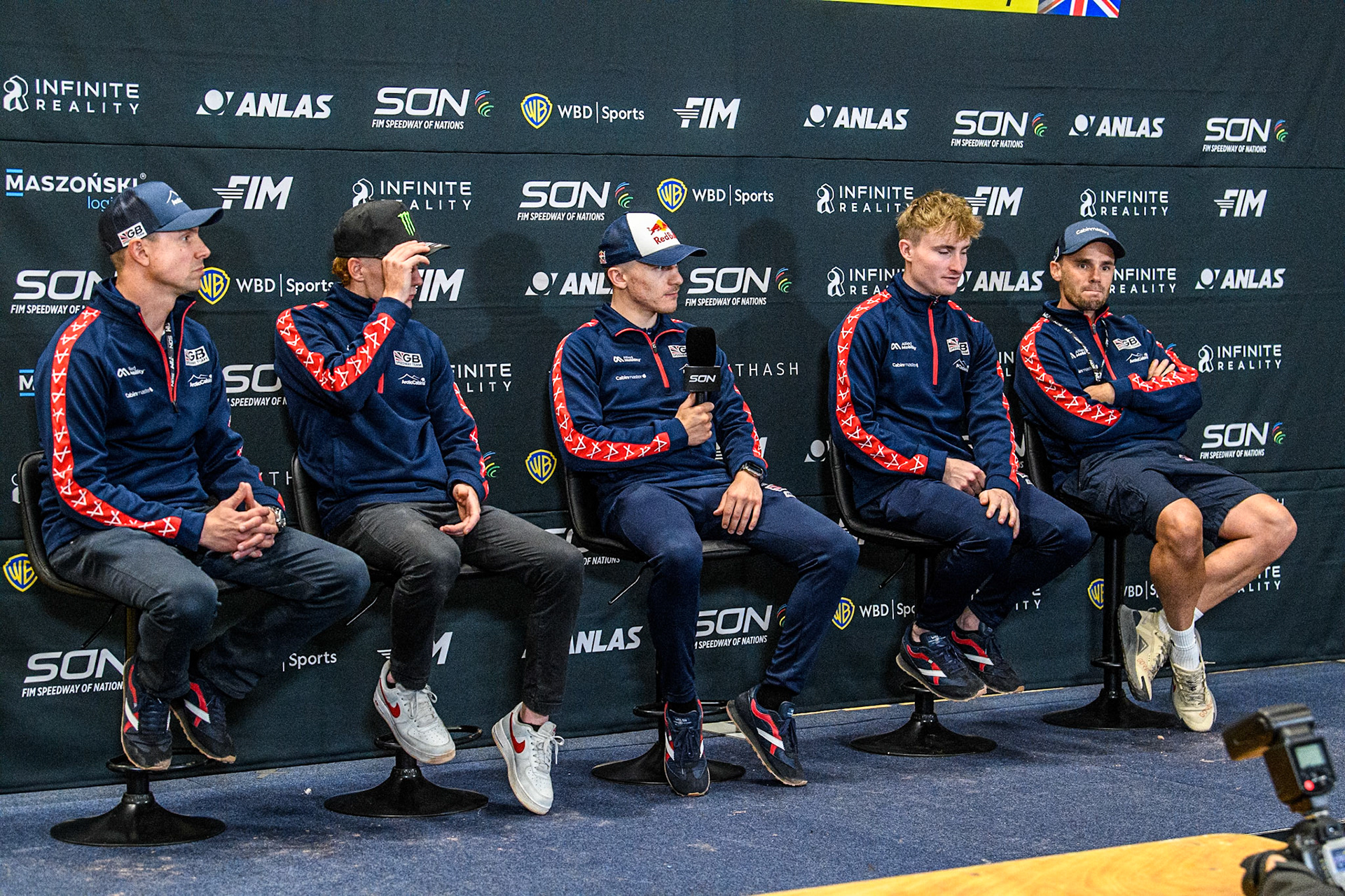 The Great Britain team Press Conference in the Media Centre: (L to R) Simon Stead (Joint Team Manager), Dan Bewley, Robert Lambert (Team Captain), Tom Brennan, Ollie Allen (Joint Team Manager) during the Monster Energy FIM Speedway of Nation Semi Final 2 at the National Speedway Stadium, Manchester on Wednesday 10th July 2024. (Photo: Ian Charles | MI News)