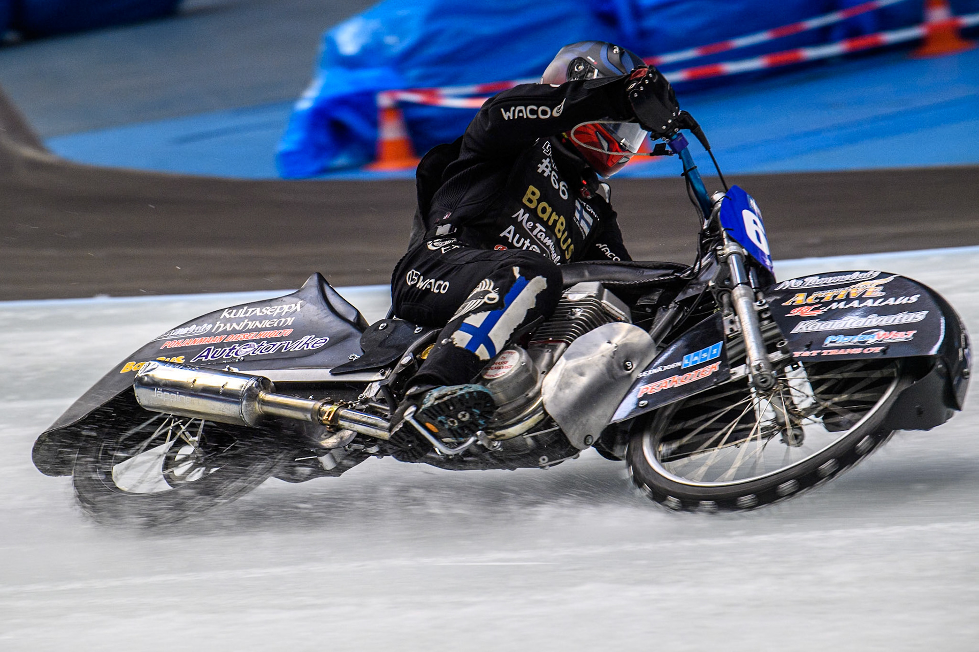 Aki Ala-Riihimäki (66) of Finland in action during practice for  the Ice Speedway Gladiators World Championship Finals 1 &amp; 2 at Max-Aicher-Arena, Inzell on Friday 14th March 2025. (Photo: Ian Charles | MI News)