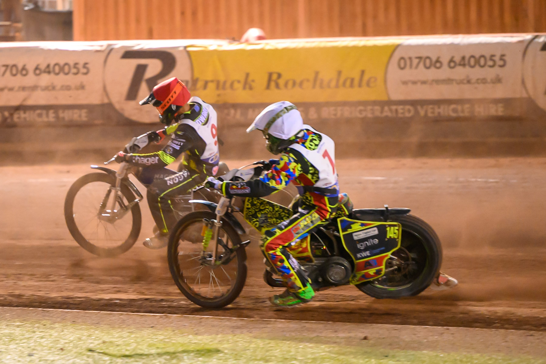 Will Cairns (7) in White rides inside Jason Edwards (9) in Red during the Cab Direct British Speedway Championship Final at the National Speedway Stadium, Manchester on Saturday 15th August 2026. (Photo: Ian Charles | MI News)