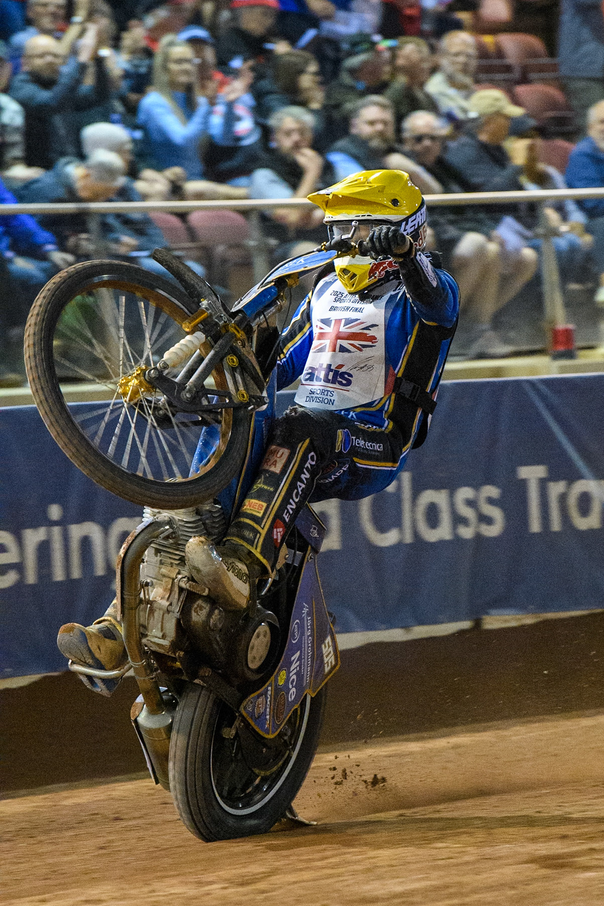 Robert Lambert celebrates with a wheelie during the Attis Insurance Sports Division British Final at the National Speedway Stadium, Manchester on Monday 12th May 2025. (Photo: Ian Charles | MI News)