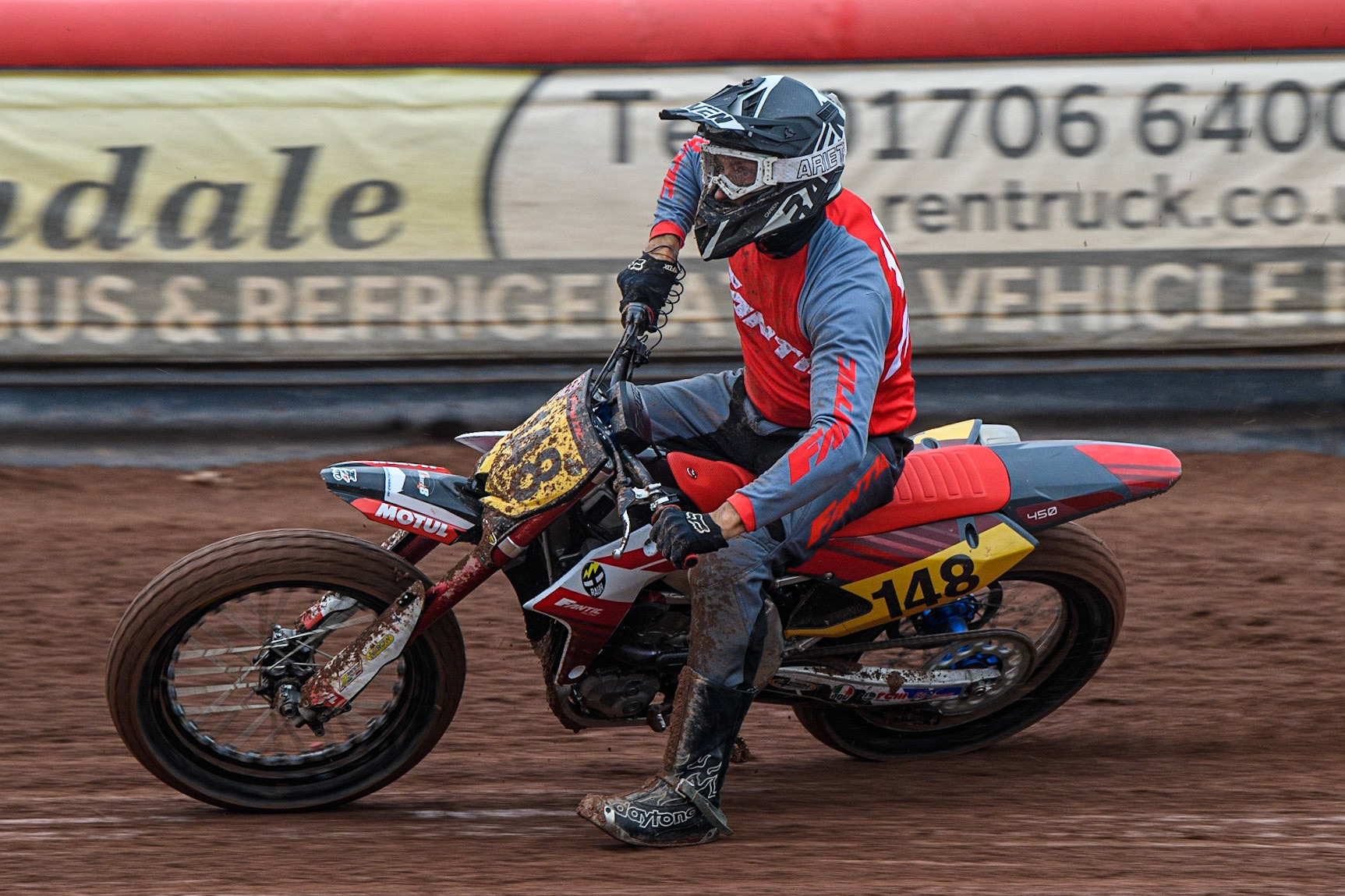 Vittorio Emanuele Marzotto (148) from Italy practices during the FIM World Flat Track Championship Round 1 at the National Speedway Stadium, Manchester on Saturday 5th August 2023. (Photo: Ian Charles | MI News)