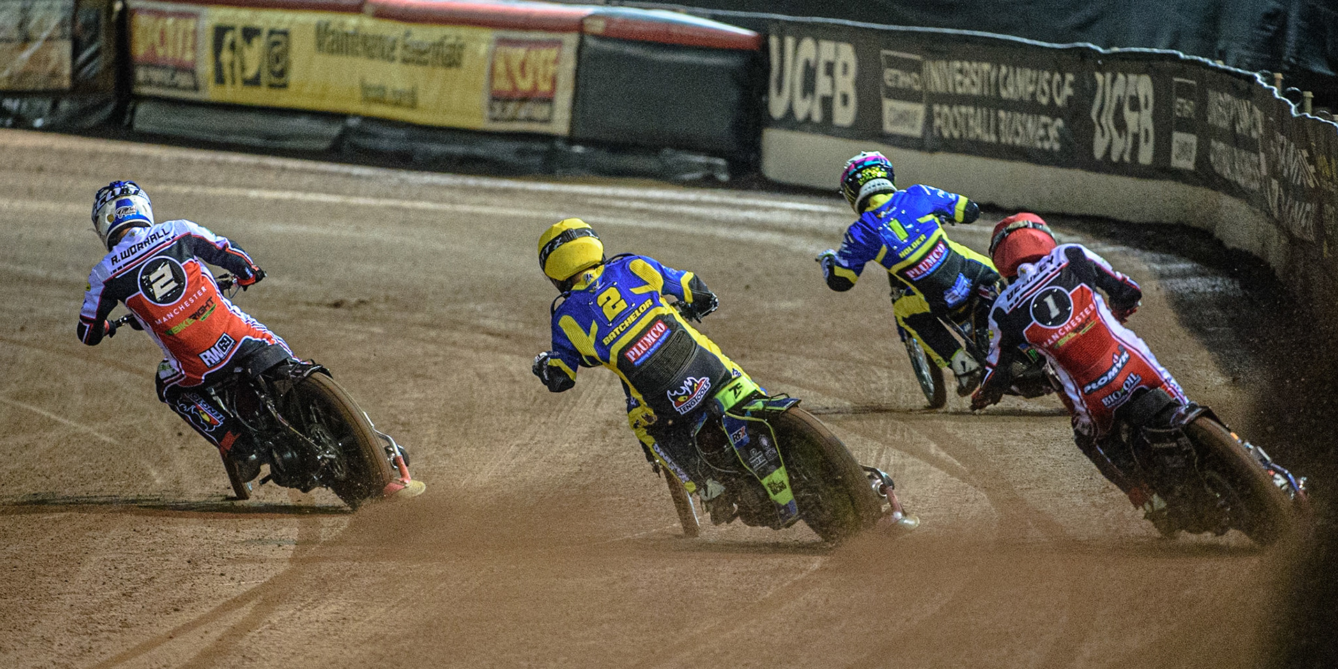 MANCHESTER, UK. OCT 7TH  Dan Bewley  (Red) chases Troy Batchelor  (Yellow), Jack Holder (White) and Richie Worrall  (Blue) during the SGB Premiership Play off Semi-Final Second Leg between Belle Vue Aces and Sheffield Tigers at the National Speedway Stadium, Manchester on Thursday 7th October 2021. (Credit: Ian Charles | MI News)