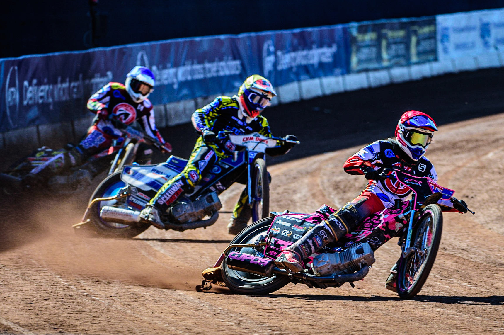 James Pearson   (Red) leads Danny Phillips  (Yellow) and Paul Bowen   (Blue)during the National Development League match between Belle Vue Colts and Berwick Bullets at the National Speedway Stadium, Manchester on Friday 7th April 2023. (Photo: Ian Charles | MI News)