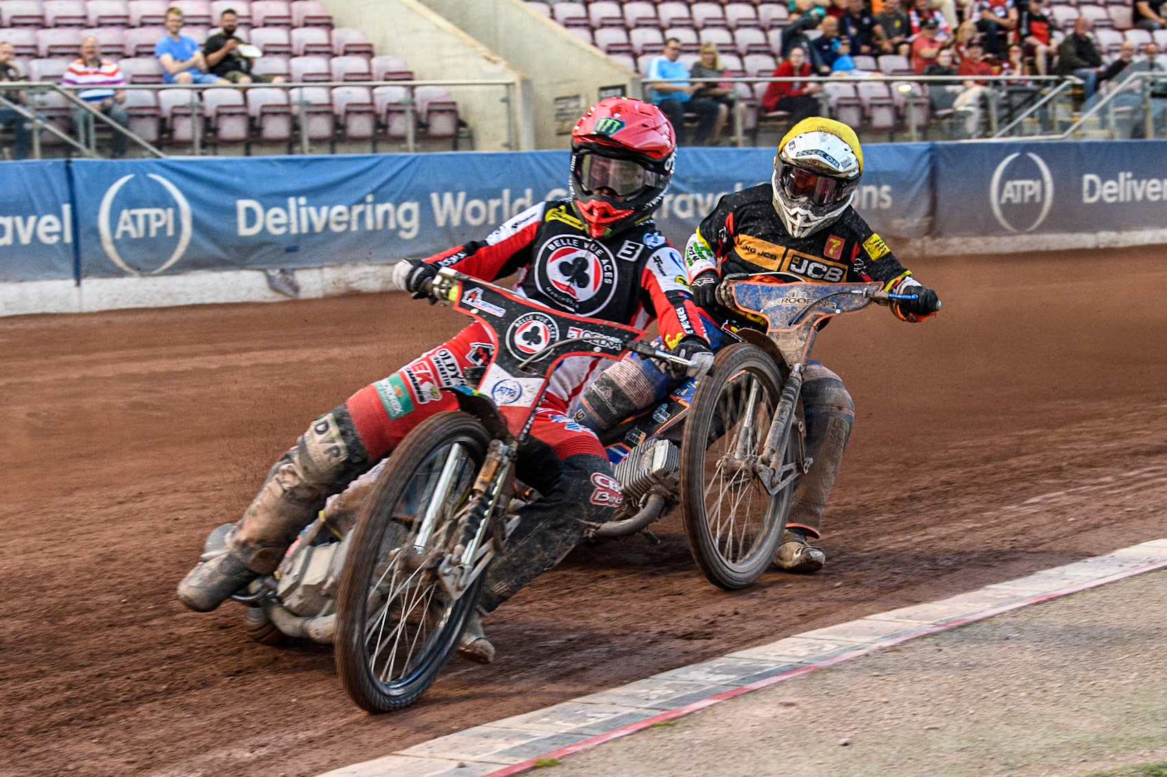 Belle Vue Aces' Jaimon Lidsey in Red leading Leicester Lions' Guest rider Luke Killeen in Yellow during the Rowe Motor Oil Premiership match between Belle Vue Aces and Leicester Lions at the National Speedway Stadium, Manchester on Monday 24th June 2024. (Photo: Ian Charles | MI News)