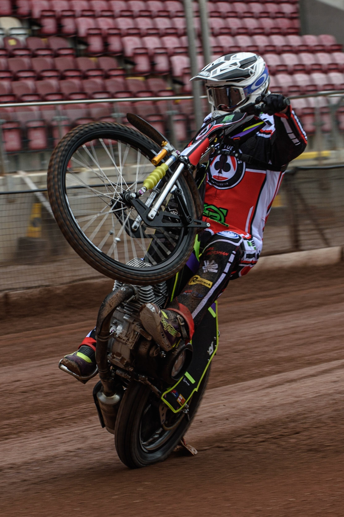 Photo: Ian CharlesTom Brennan pulls a wheelieBelle Vue Press &amp; Practice Day, National Speedway Stadium, Manchester Thursday  13  May  2021