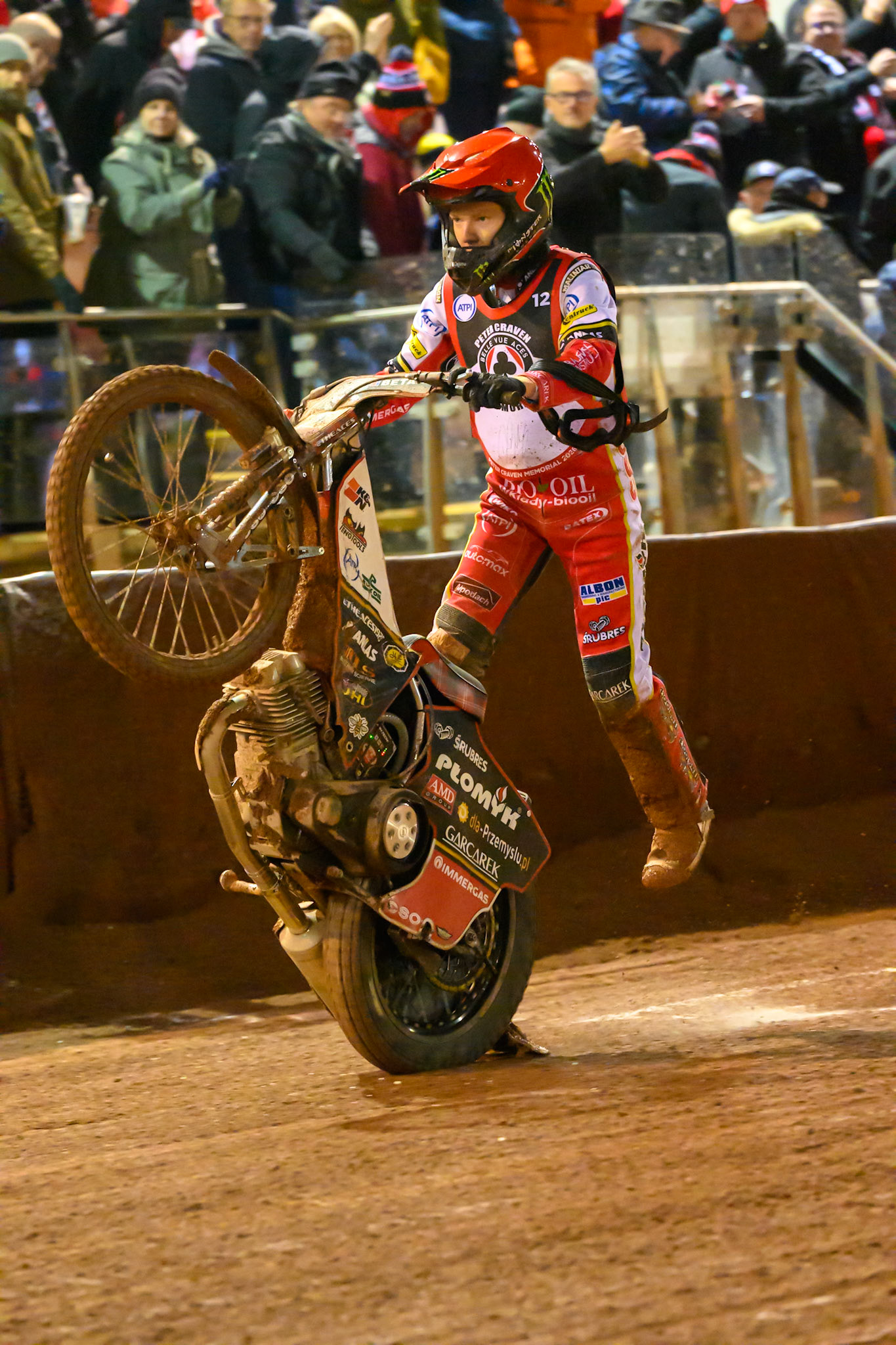Dan Bewley  does a wheelie during the Peter Craven Memorial Trophy at the National Speedway Stadium, Manchester, on Monday 16th March 2026. (Photo: Ian Charles | MI News)