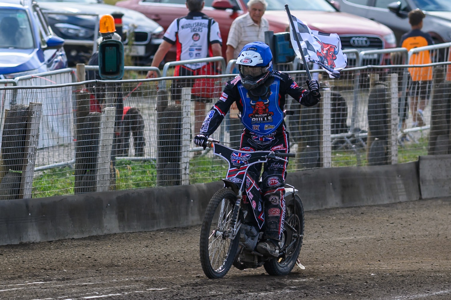 Jack Shimelt of Buxton Bulls celebrates his second place in Heat 8 during the WSRA National Development League match  between Buxton Bulls and Middlesborough Tigers at Hi-Edge Speedway, Buxton on Sunday 16th August 2026. (Photo: Ian Charles | MI News)