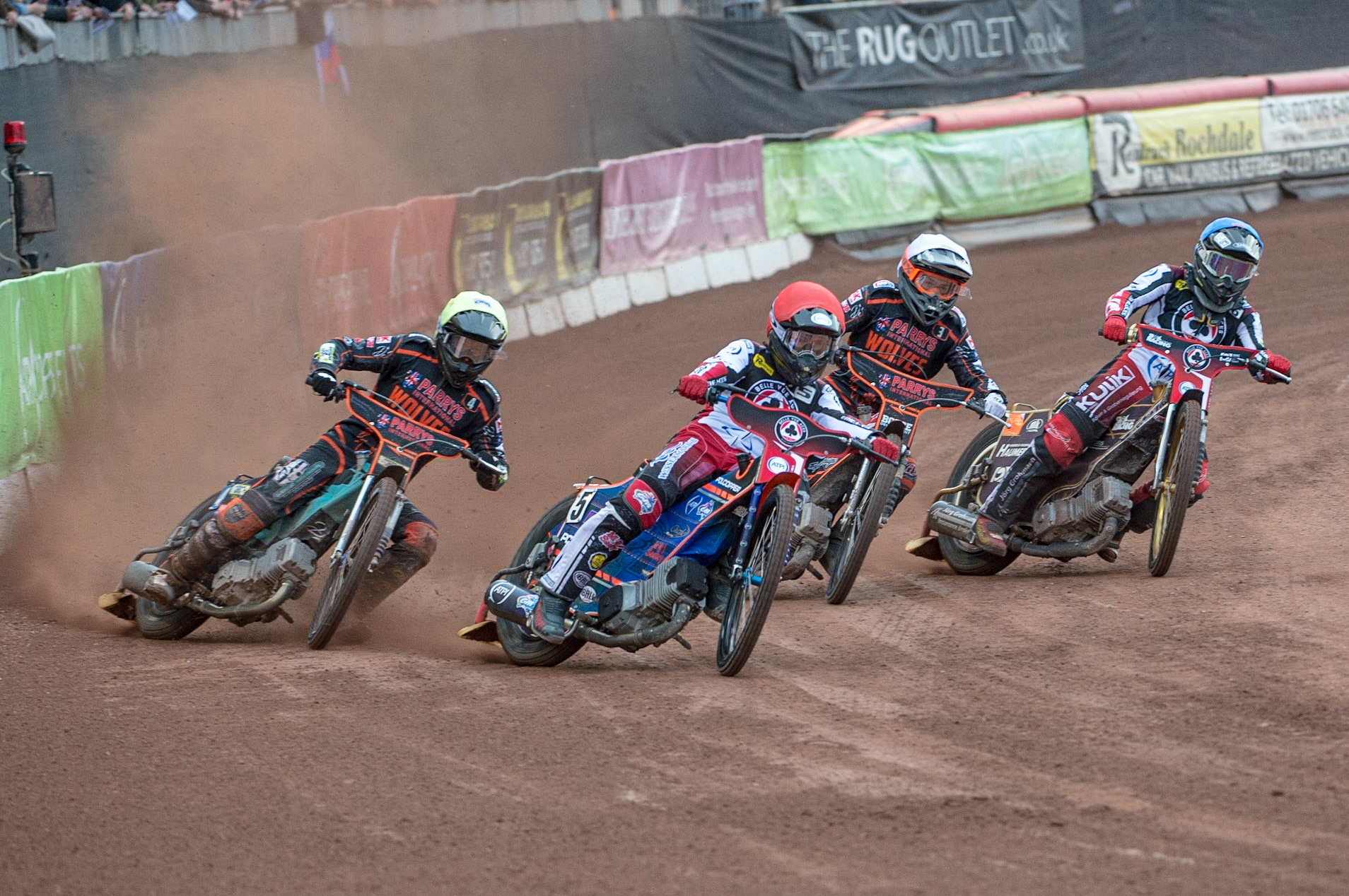 MANCHESTER, UK. JUN 13TH Brady Kurtz  (Red) leads Luke Becker  (White), Ryan Douglas  (Yellow) and Norick Blödorn  (Blue) during the SGB Premiership match between Belle Vue Aces and Wolverhampton  Wolves at the National Speedway Stadium, Manchester on Monday 13th June 2022. (Credit: Ian Charles | MI News)