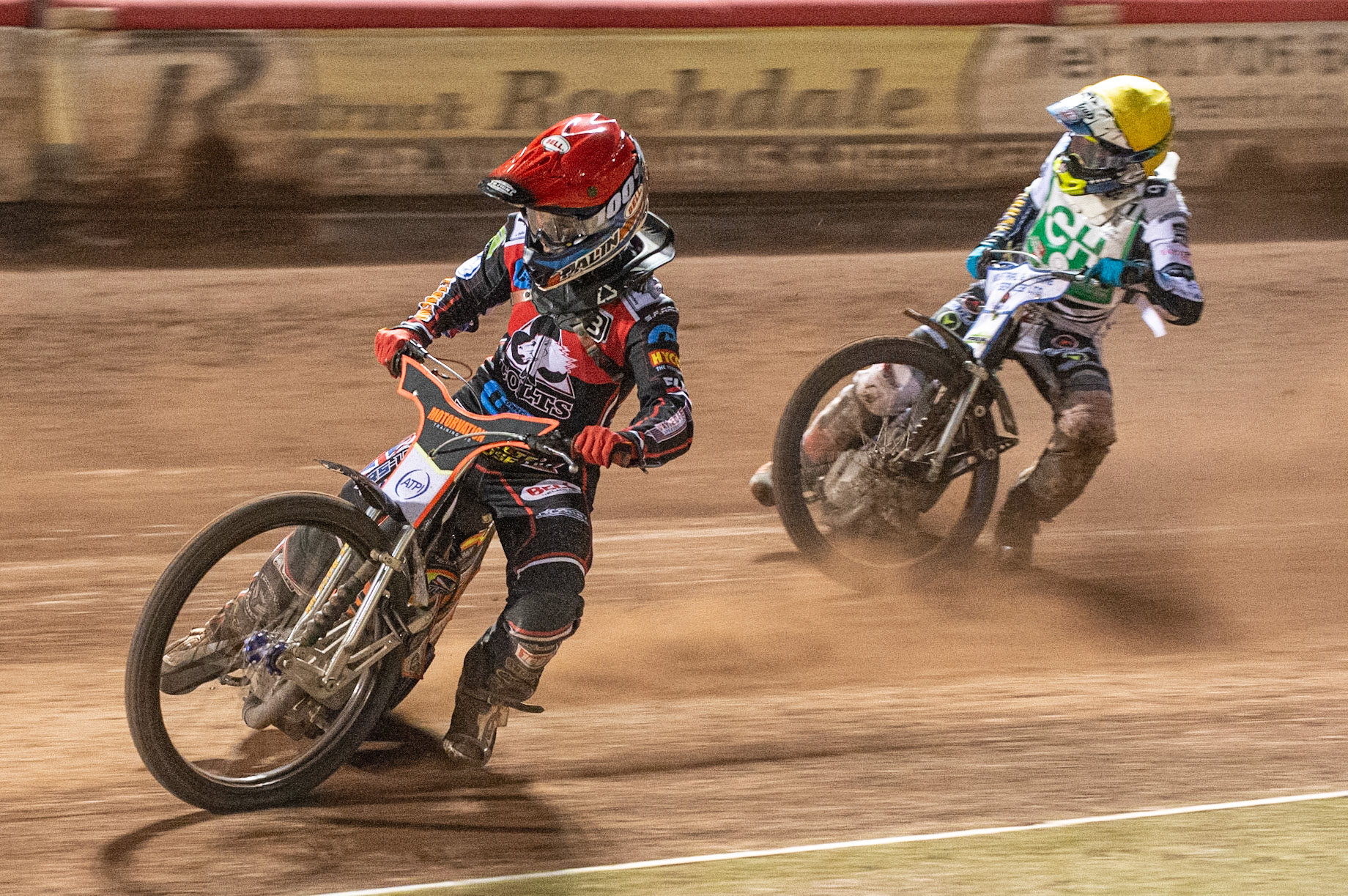 Photo: Ian Charles

Jordan Palin  (Red) leads Max Clegg  (Yellow)

Belle Vue Colts v Cradley Heathens, SGB National League, Belle Vue National Speedway Stadium, Manchester, Thursday 29  August  2019