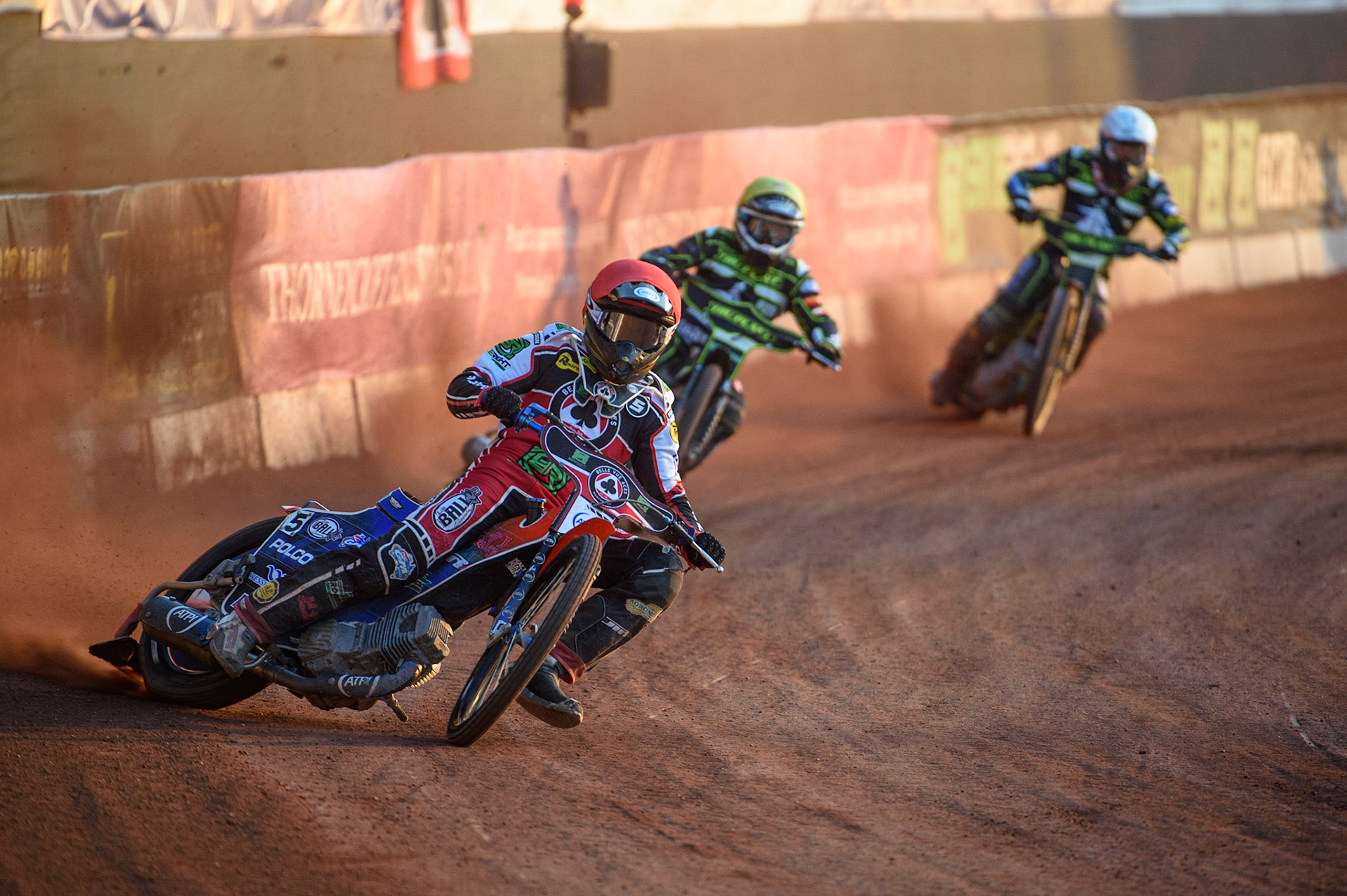 MANCHESTER UKBrady Kurtz   (Red) leads Danny King  (Yellow) and Craig Cook   (White) during the SGB Premiership match between Belle Vue Aces and Ipswich Witches at the National Speedway Stadium, Manchester on Monday 2nd August 2021. (Credit: Ian Charles | MI News)