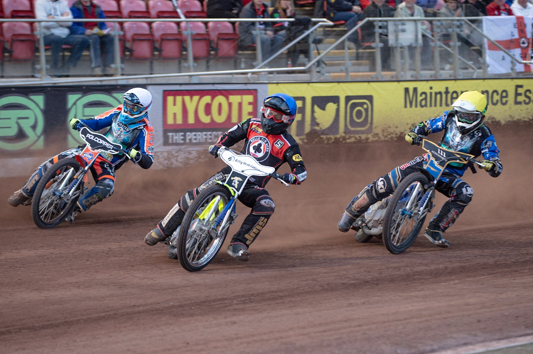 Photo by Ian Charles

Kenneth Bjerre  (Blue) \holds off Brady Kurtz  (White) and Jack Holder  (Yellow)

Belle Vue Aces v Poole Pirates, British Speedway Premiership, Belle Vue National Speedway Stadium, Manchester, Monday 1  July  2019