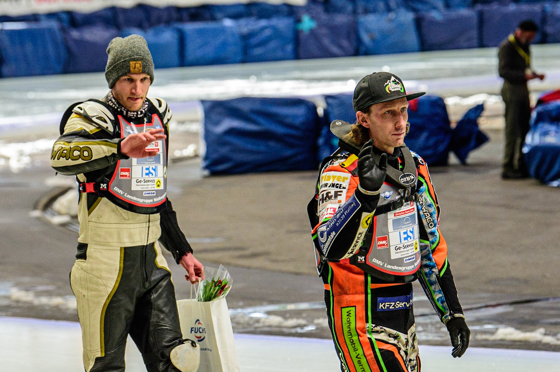 Franz Mayerbüchler (93) (left) and Markus Jell (82) on the pre-meeting parade during the Ice Speedway Gladiators World Championship Final 1 at Max-Aicher-Arena, Inzell, Germany on Saturday 18th March 2023. (Photo: Ian Charles | MI News)
