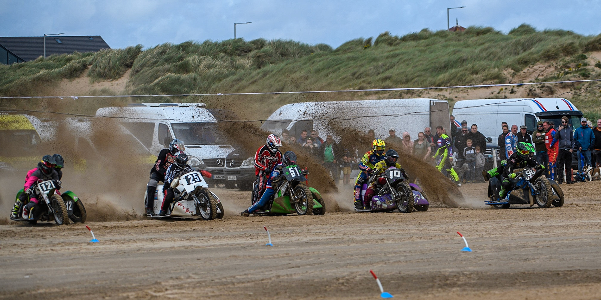 (l - r) Neal Owen &amp; Jason Farwell (12), Colin Blackbourn &amp; Carl Pugh (25) Rick McCauley &amp; Stephen Russell (51) Clint Blondell &amp; Richard Webb (10) and Billy Winterburn &amp; Ryan Wharton (94) leave the start line during the Fylde ACU British Sand Racing Masters Championship at  St Annes on Sea, Lancashire on Sunday 30th July 2023. (Photo: Ian Charles | MI News)