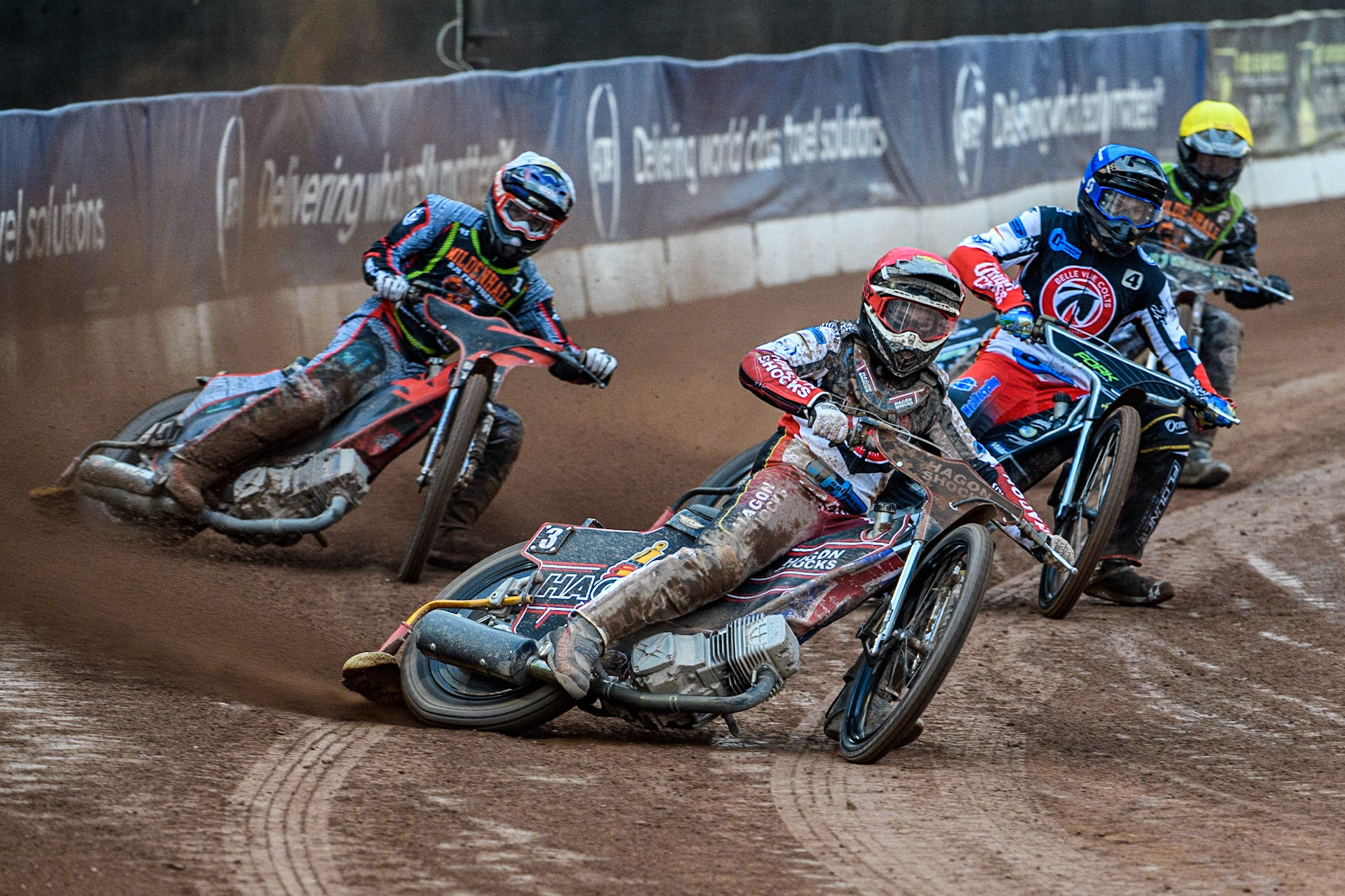 Sam Hagon (Red) leads Alfie Bowtell (White) Matt Marson (Blue) and Josh Warren (Yellow) during the National Development League match between Belle Vue Colts and Mildenhall Fens Tigers at the National Speedway Stadium, Manchester on Friday 26th May 2023. (Photo: Ian Charles | MI News)