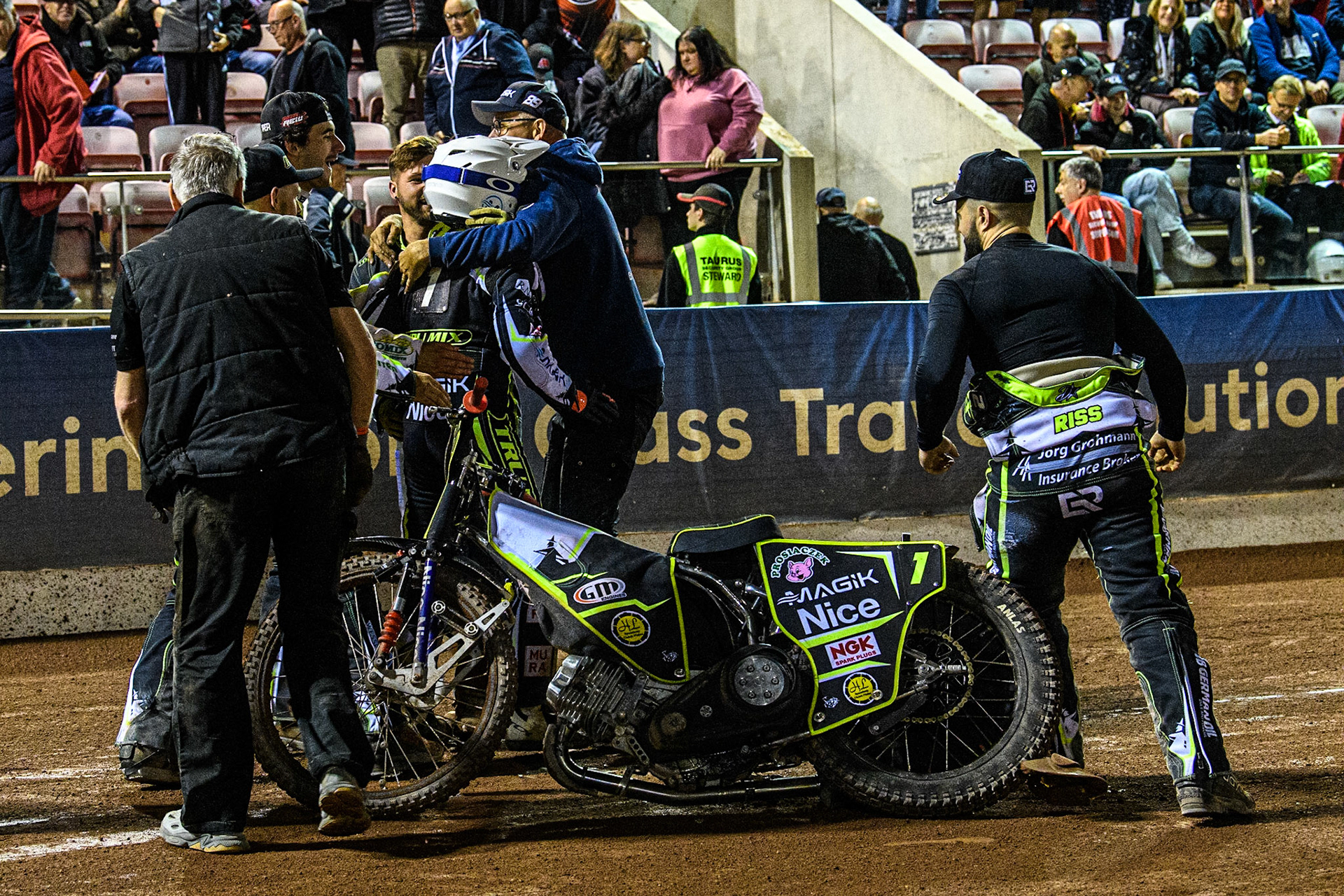 Ipswich riders celebrate their aggregate victory during the Sports Insure Premiership Semi Final Playoff 2nd leg match between Belle Vue Aces and Ipswich Witches at the National Speedway Stadium, Manchester on Monday 25th September 2023. (Photo: Ian Charles | MI News)