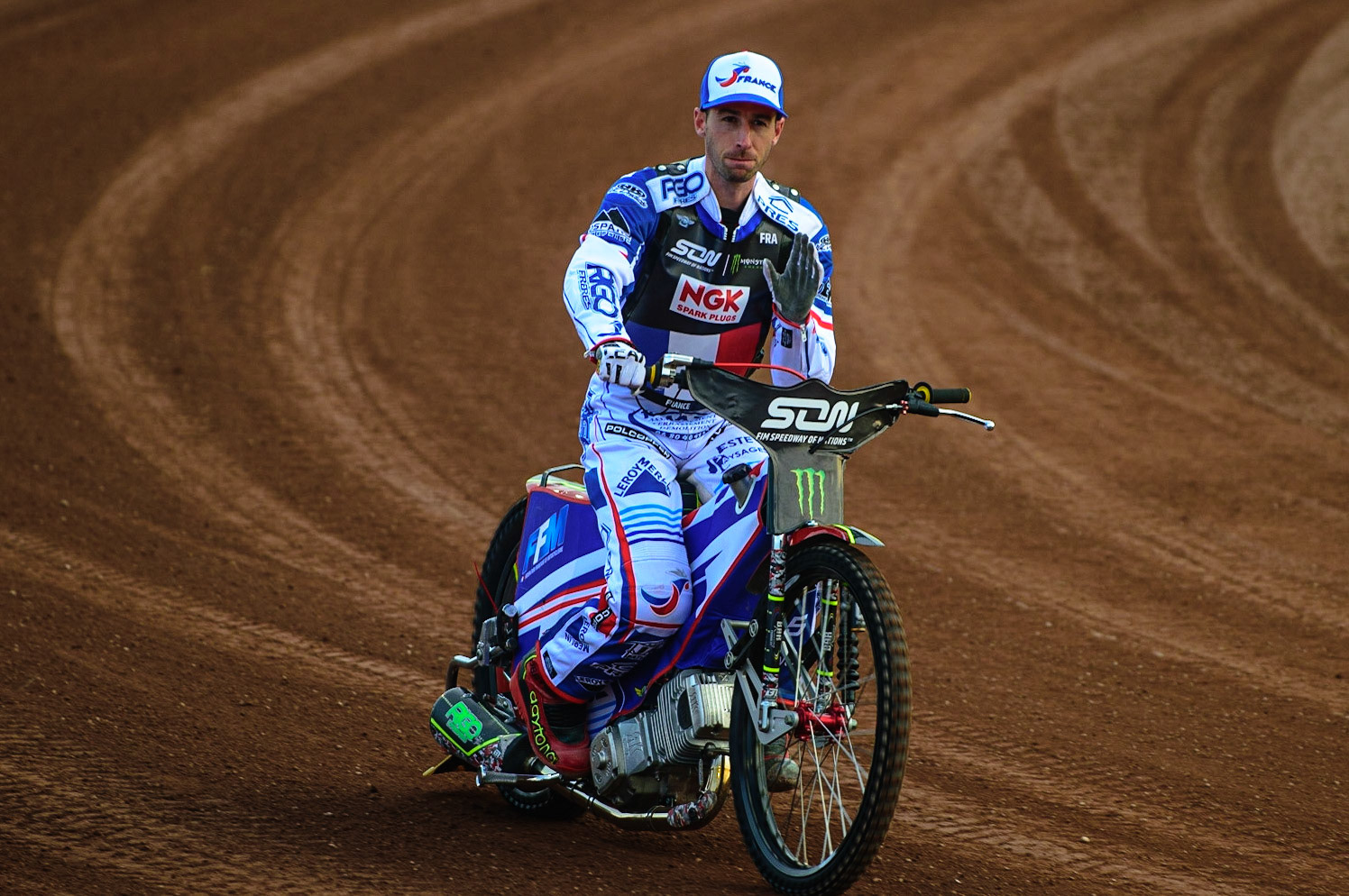 MANCHESTER, UK. OCT 16TH David Bellego of France on the parade during the Monster Energy FIM Speedway of Nations at the National Speedway Stadium, Manchester on Saturday  16th October 2021. (Credit: Ian Charles | MI News)