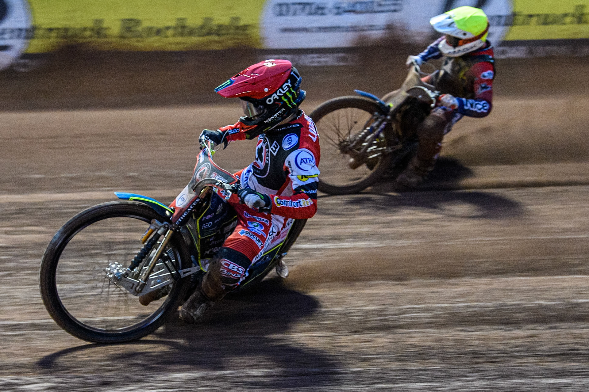 Belle Vue Aces' Jaimon Lidsey in Red rides inside Ipswich Witches' Emil Sayfutdinov in Yellow during the Rowe Motor Oil Premiership match between Belle Vue Aces and Ipswich Witches at the National Speedway Stadium, Manchester on Monday 22nd April 2024. (Photo: Ian Charles | MI News)