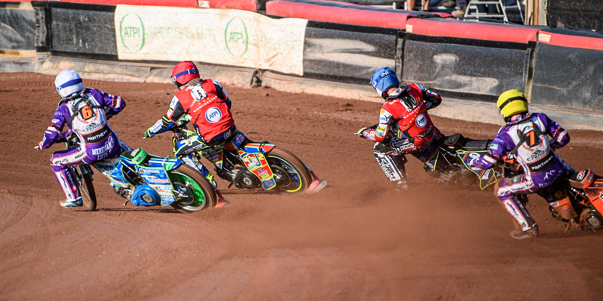 Hans Andersen (White) inside Simon Lambert (Red), Jake Mulford (Blue) with Jordan Jenkins (Yellow) behind during the Sports Insure Premiership match between Belle Vue Aces and Peterborough at the National Speedway Stadium, Manchester on Monday 19th June 2023. (Photo: Ian Charles | MI News)