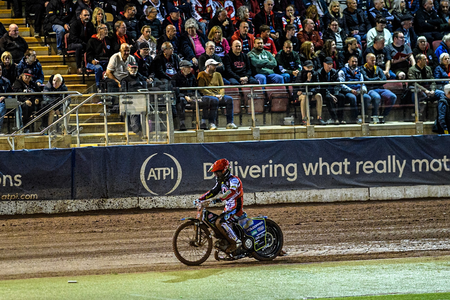 Jaimon Lidsey  pulls up after his mechanical issue during the Sports Insure Premiership Semi Final Playoff 2nd leg match between Belle Vue Aces and Ipswich Witches at the National Speedway Stadium, Manchester on Monday 25th September 2023. (Photo: Ian Charles | MI News)