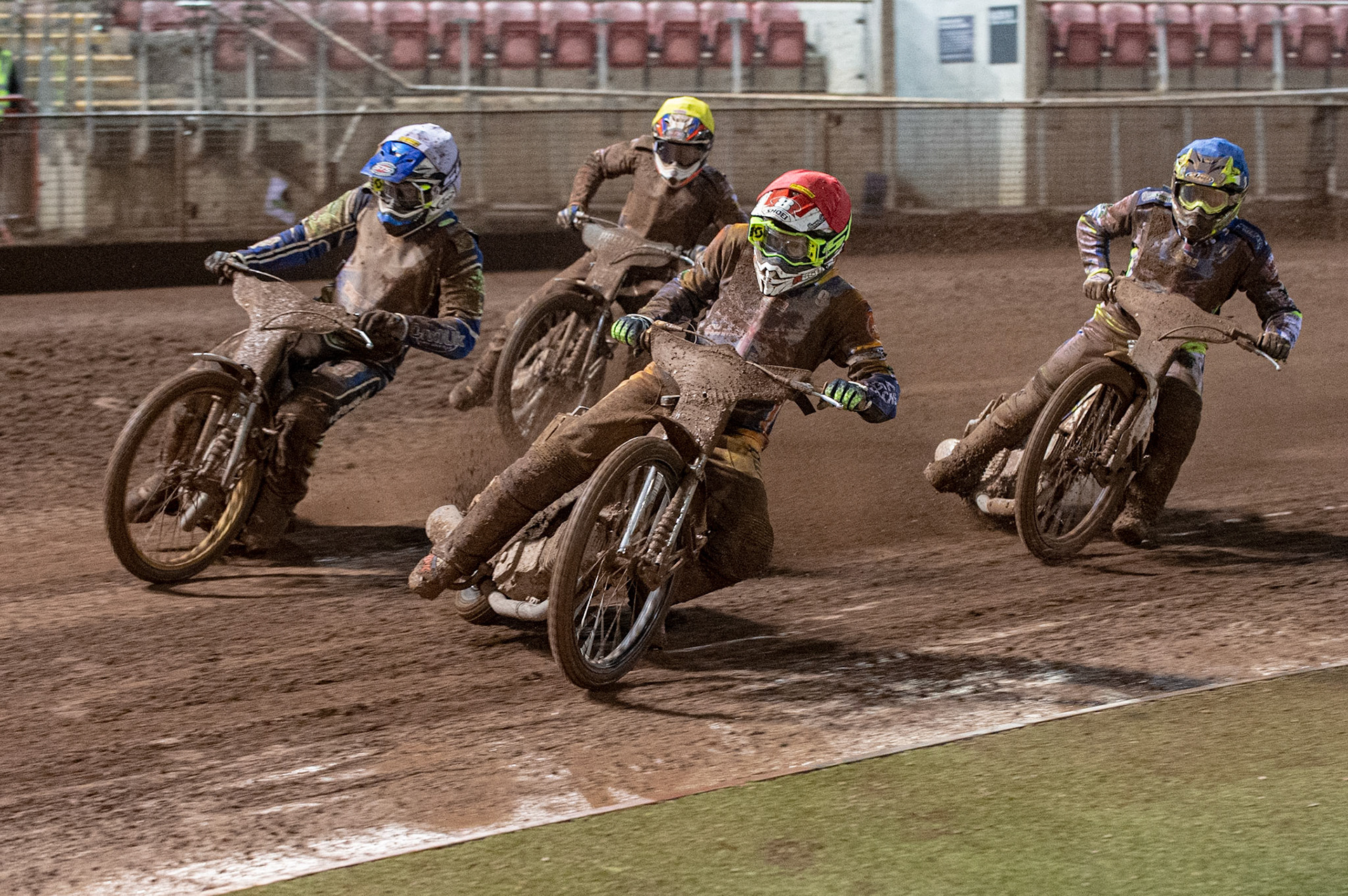 Photo: Ian CharlesSemi Final: Jason Crump   (Red) inside  Richie Worrall   (Blue)  with Chris Harris   (White)  and Steve Worrall   (Yellow)  behindSports Insure British Speedway Championship Final, National Speedway Stadium, Manchester Monday  28  September  2020