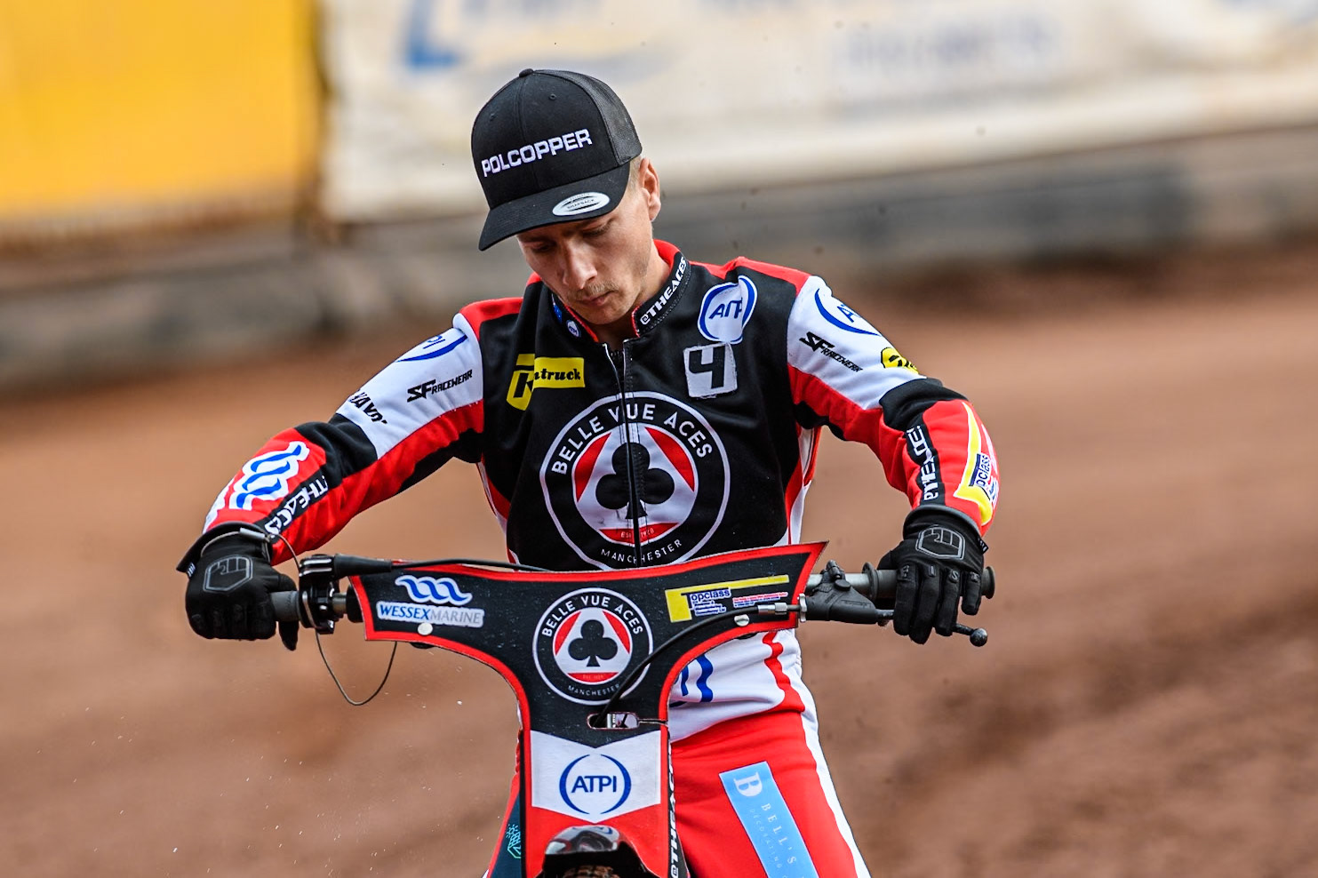 Belle Vue Aces' Ben Cook on the parade lap during the Rowe Motor Oil Premiership match between Leicester Lions and Belle Vue Aces at the Pidcock Motorcycles Arena, Leicester on Thursday 25th July 2024. (Photo: Ian Charles | MI News)