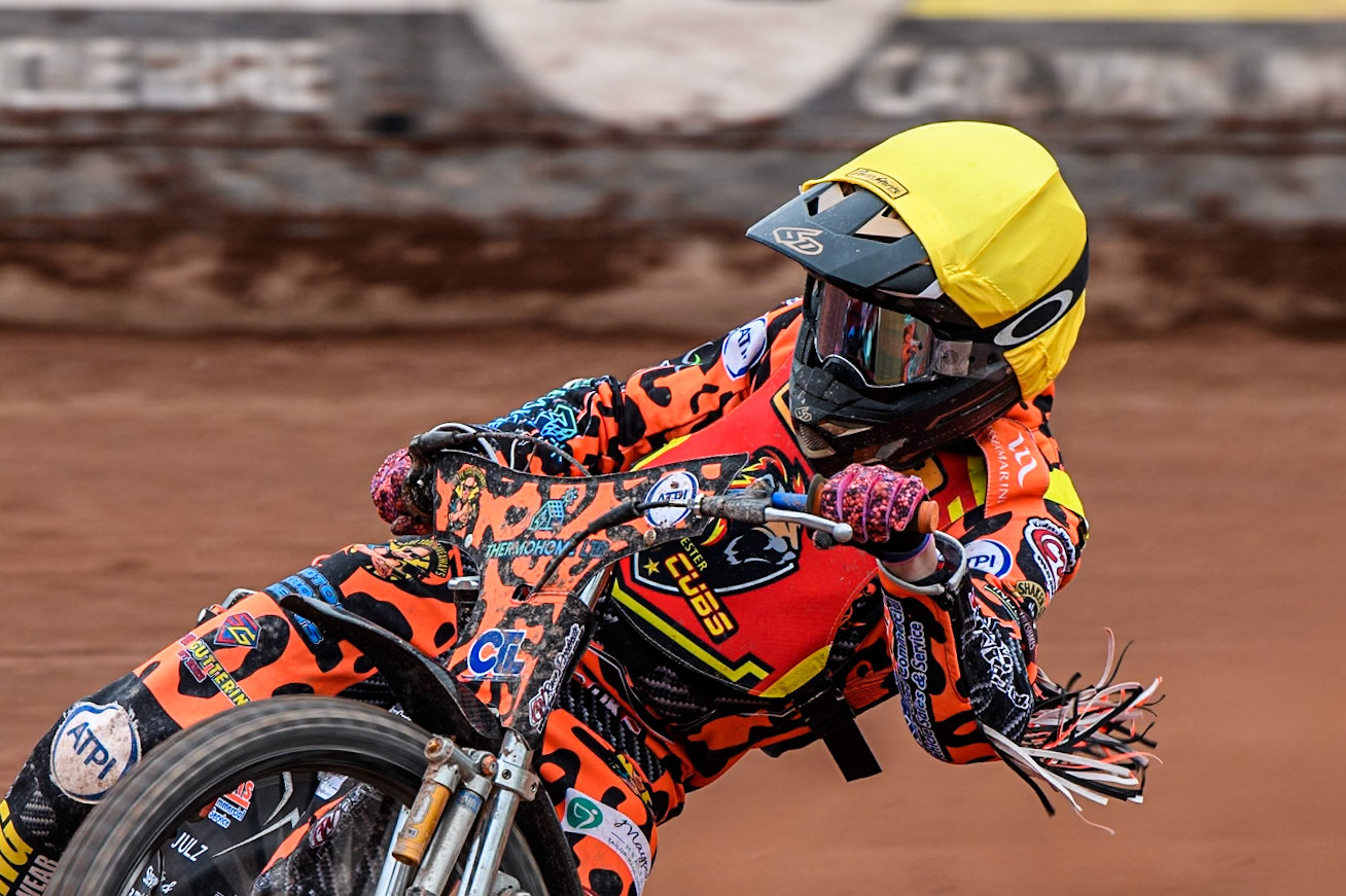 Leicester Lion Cubs' Cooper Rushen in action during the WSRA National Development League match between Belle Vue Colts and Leicester Lion Cubs at the National Speedway Stadium, Manchester on Friday 18th April 2025. (Photo: Ian Charles | MI News)