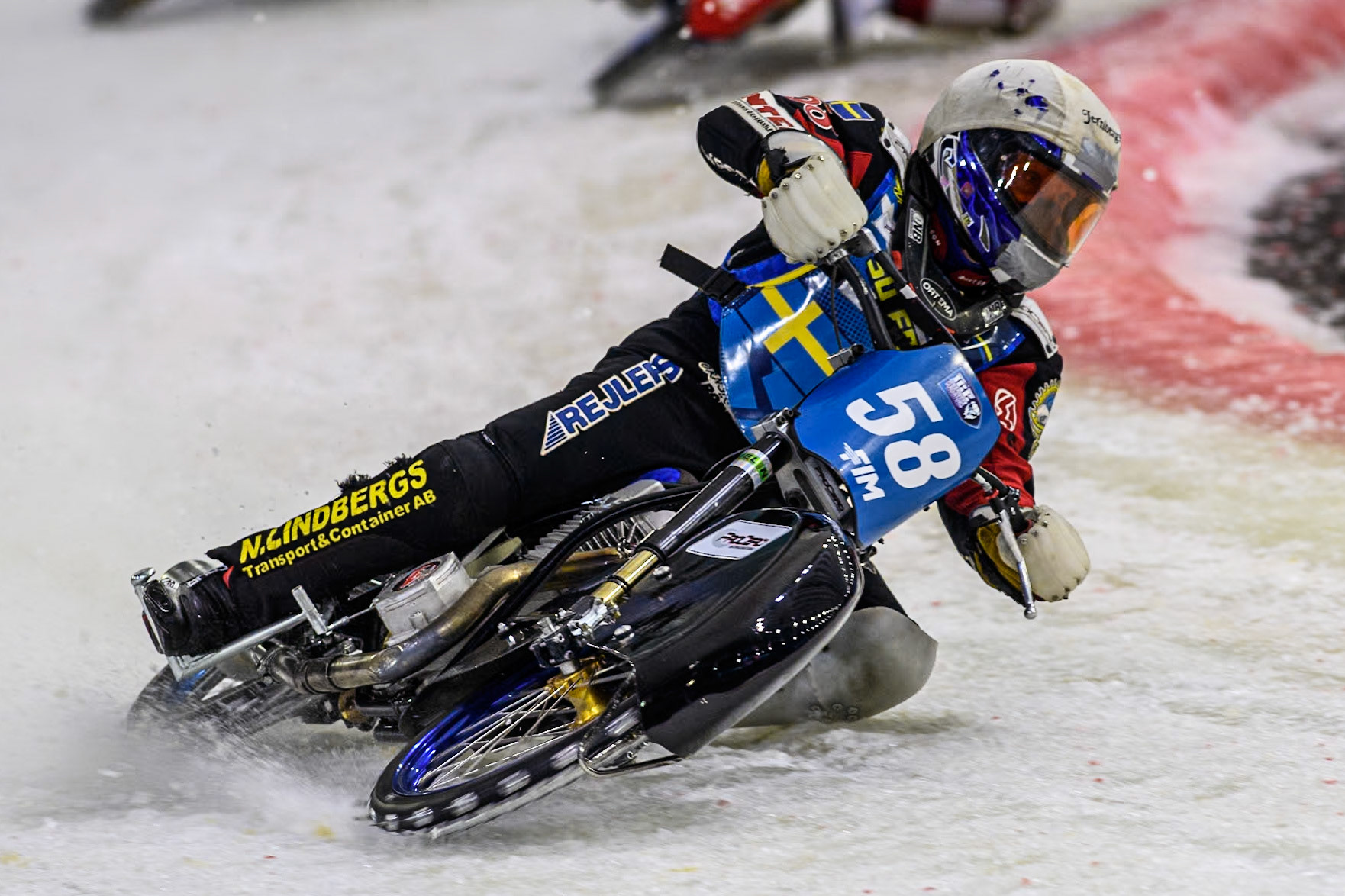 Sweden's Stefan Svensson (58) in action during the FIM Ice Speedway Gladiators World Championship Final 3 at Ice Rink Thialf, Heerenveen on Saturday 6th April 2024. (Photo: Ian Charles | MI News)