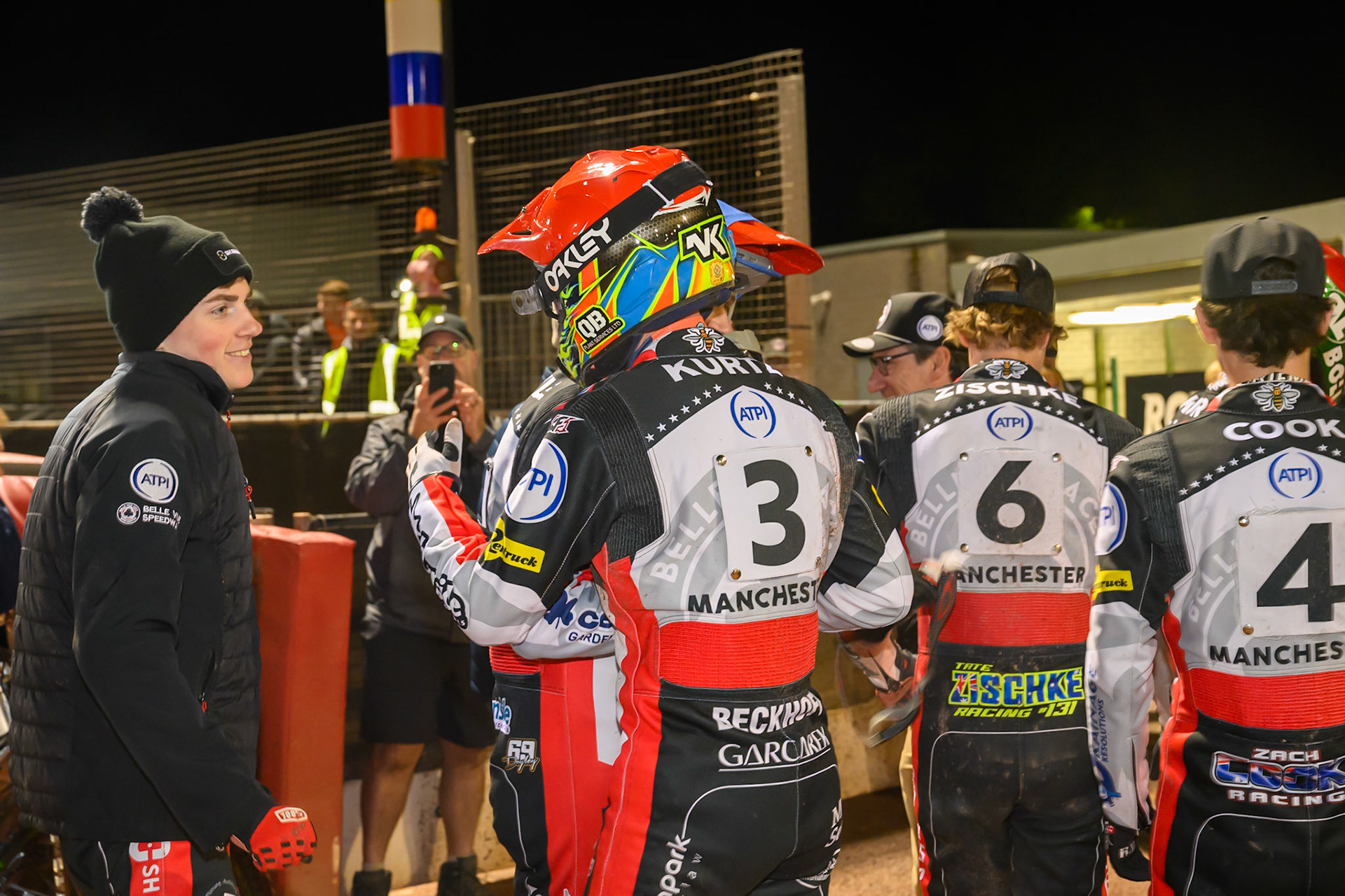 \bv3 is congratulated by his team mates during the Rowe Motor Oil Premiership Grand Final 2nd Leg between Belle Vue Aces and Sheffield Tigers at the National Speedway Stadium, Manchester on Friday 16th October 2026. (Photo: Ian Charles | MI News)