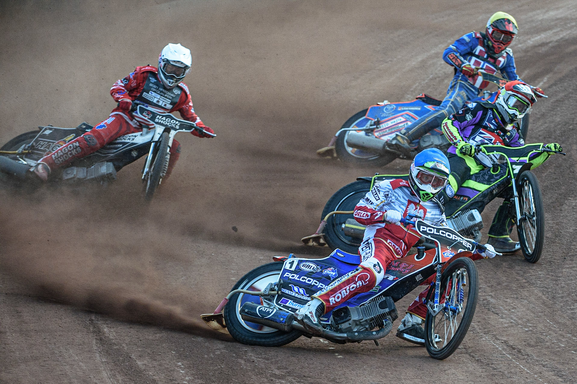 GLASGOW, UK. JUNE 19TH.  Tobiasz Musielak (Poland) (Blue) leadsTom Brennan (Reserve) (Great Britain) (Red)Broc Nicol (USA) (White) and Lasse Fredriksen (Norway) (Yellow) during the FIM Speedway Grand Prix Qualifying Round at the Peugeot Ashfield Stadium, Glasgow on Saturday 19th June 2021. (Credit: Ian Charles | MI News)
