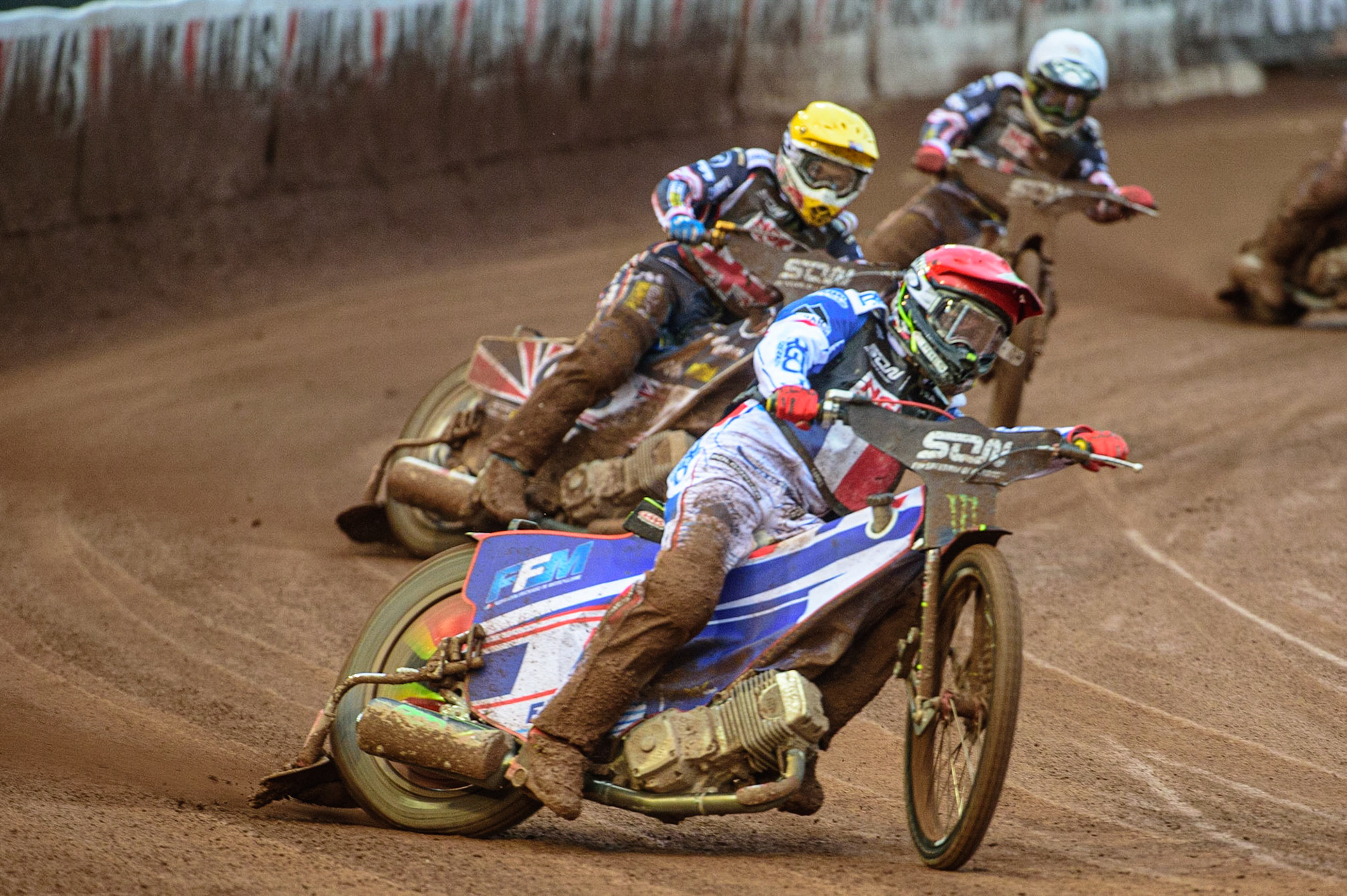 MANCHESTER, UK. OCT 17TH David Bellego of France (Red) leads Robert Lambert of Great Britain (Yellow) and Dan Bewley of Great Britain (White) during the Monster Energy FIM Speedway of Nations at the National Speedway Stadium, Manchester on Sunday  17th October 2021. (Credit: Ian Charles | MI News)