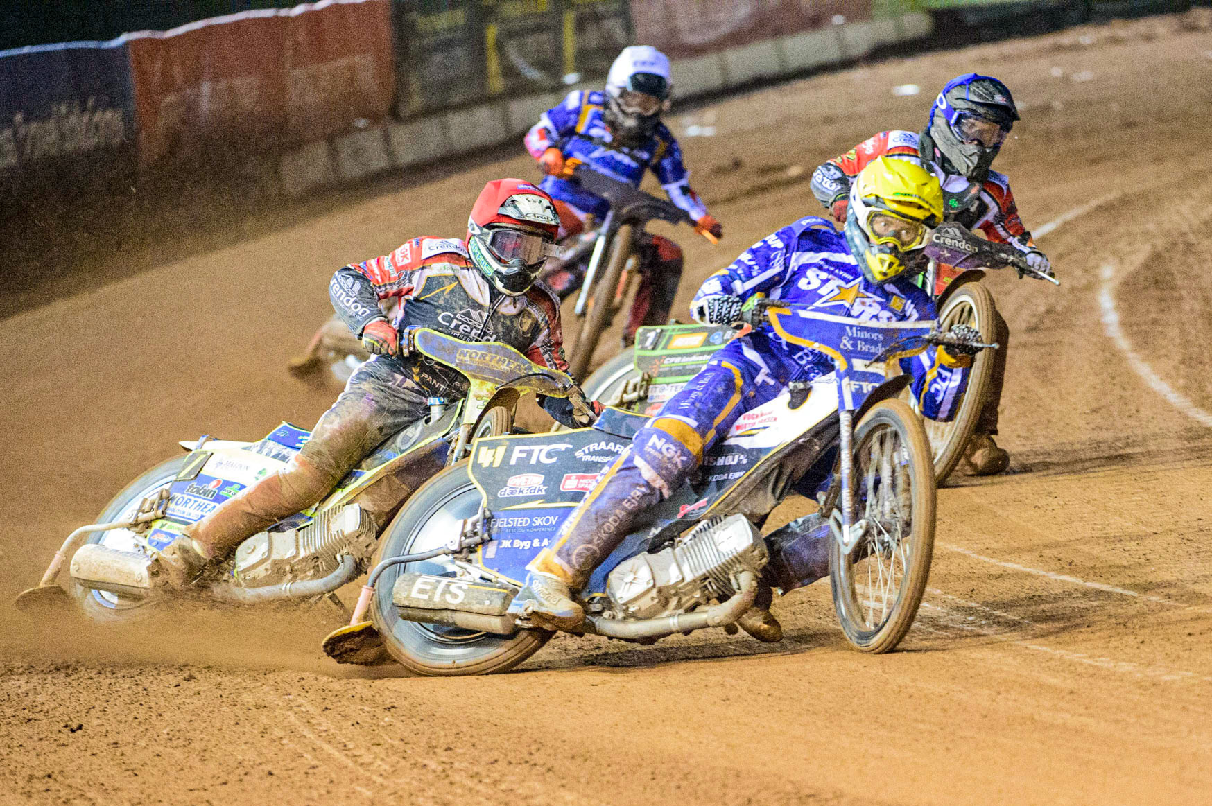 Fredrik Jacobsen (Yellow) leads Chris Harris (Red) Benjamin Basso (Blue) and Jack Smith (White)  during the Grant Henderson Pairs at the National Speedway Stadium, Manchester on Thursday 27th October 2022. (Credit: Ian Charles | MI NEWS)