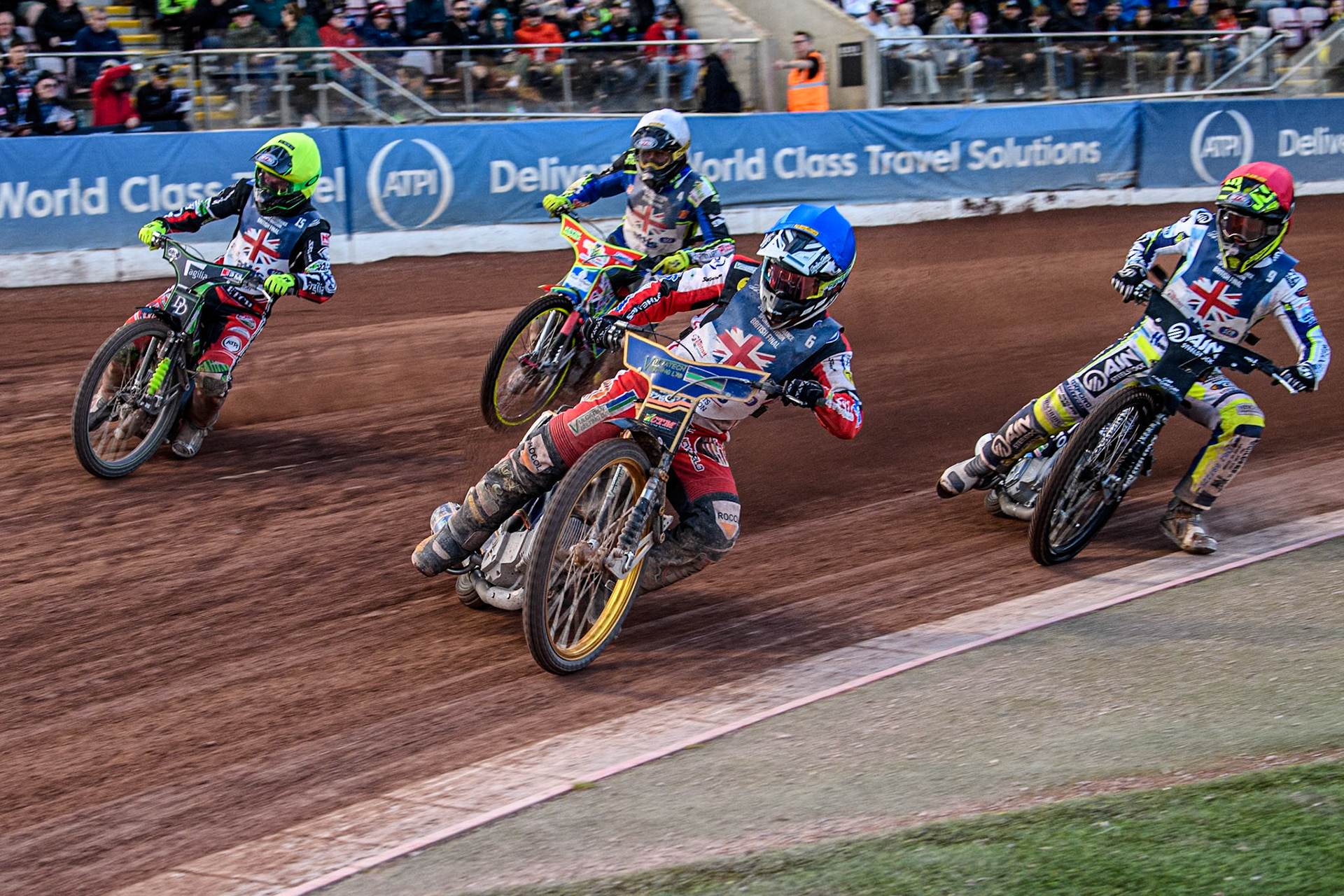 Connor Mountain in Blue leading Lewis Kerr in Red, Charles Wright in Yellow and Simon Lambert in White during the Attis Insurance Sports Division British Speedway Championship Final at the National Speedway Stadium, Manchester on Saturday 8th June 2024. (Photo: Ian Charles | MI News)