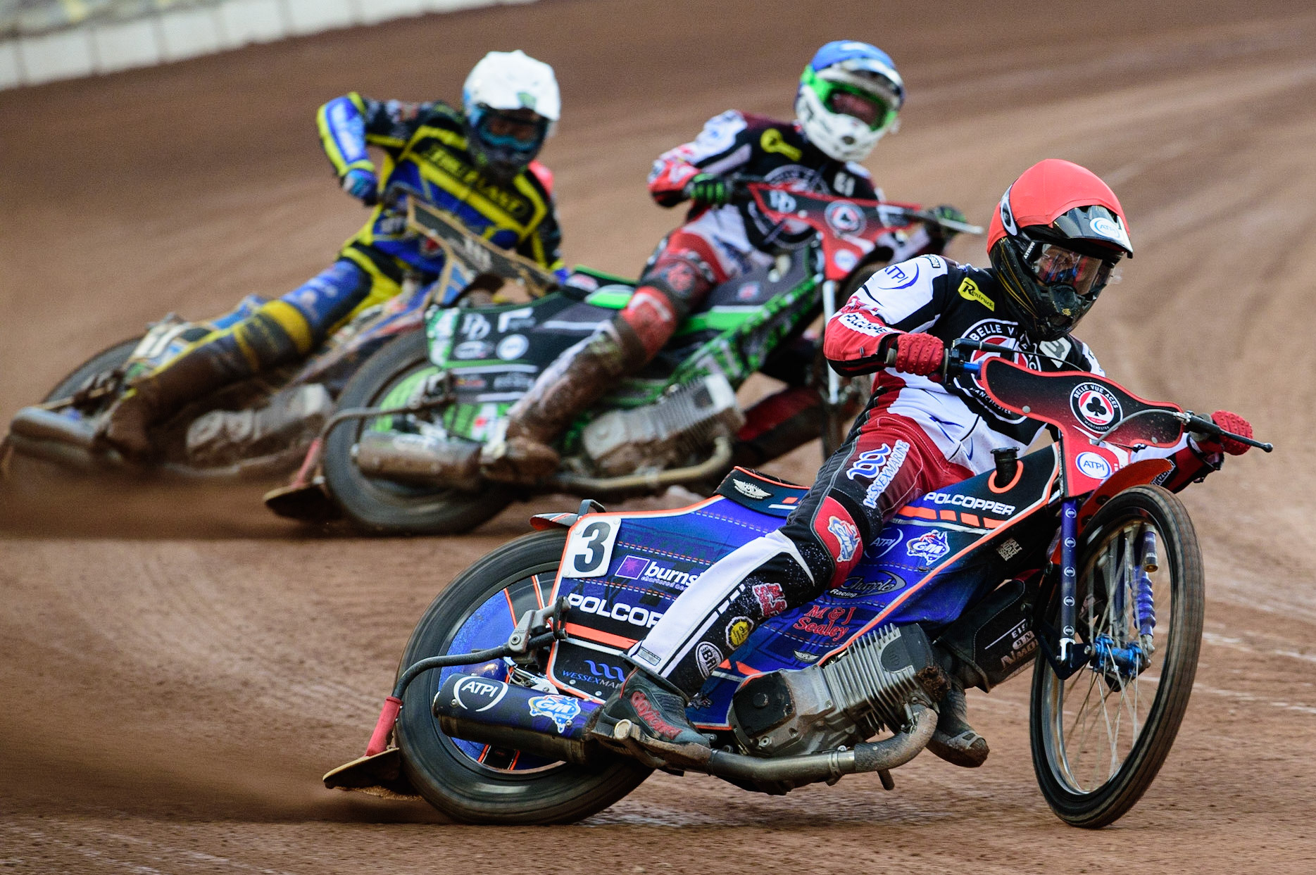 MANCHESTER, UK. JUL 5TH   Brady Kurtz  (Red) leads Charles Wright  (Blue) and Jack Holder  (White) during the SGB Premiership match between Belle Vue Aces and Sheffield Tigers at the National Speedway Stadium, Manchester on Tuesday 5th July 2022. (Credit: Ian Charles | MI News)