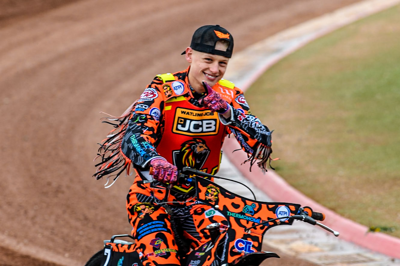 Leicester Lion Cubs' Cooper Rushen on the parade lap  during the WSRA National Development League match between Belle Vue Colts and Leicester Lion Cubs at the National Speedway Stadium, Manchester on Friday 18th April 2025. (Photo: Ian Charles | MI News)