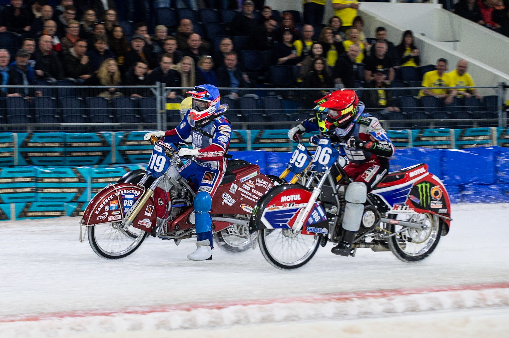 Photo: Ian Charles

Semi Final 2: Dmitri Koltakov (106) inside Dmitri Khomitsevich (919) (Blue) Martin Haarahiltunen (199) (White) and Stefan Svensson (58) (Yellow)

FIM Ice Speedway Gladiators World Championship, Event 5.2, Ice Rink Thialf, Heerenveen, Netherlands Sunday  31  March  2019
