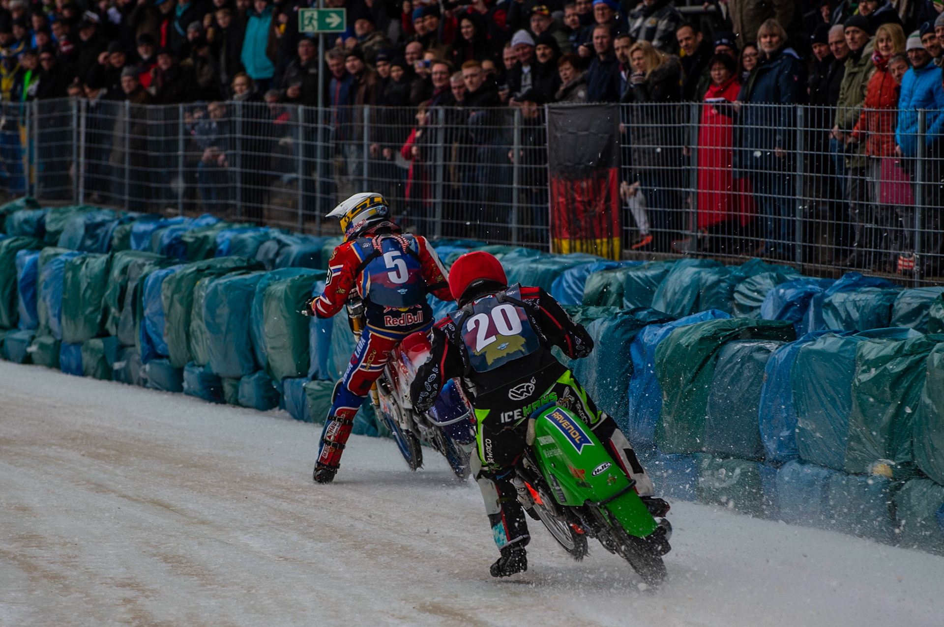 BERLIN GERMANY  - March 1  Johan Weber (Red) chases Daniil Ivanov (White)  during the Ice Speedway of Nations at the Horst-Dohm-Eisstadion, Berlin,  on Sunday 1 March 2020. (Credit: Ian Charles | MI News)
