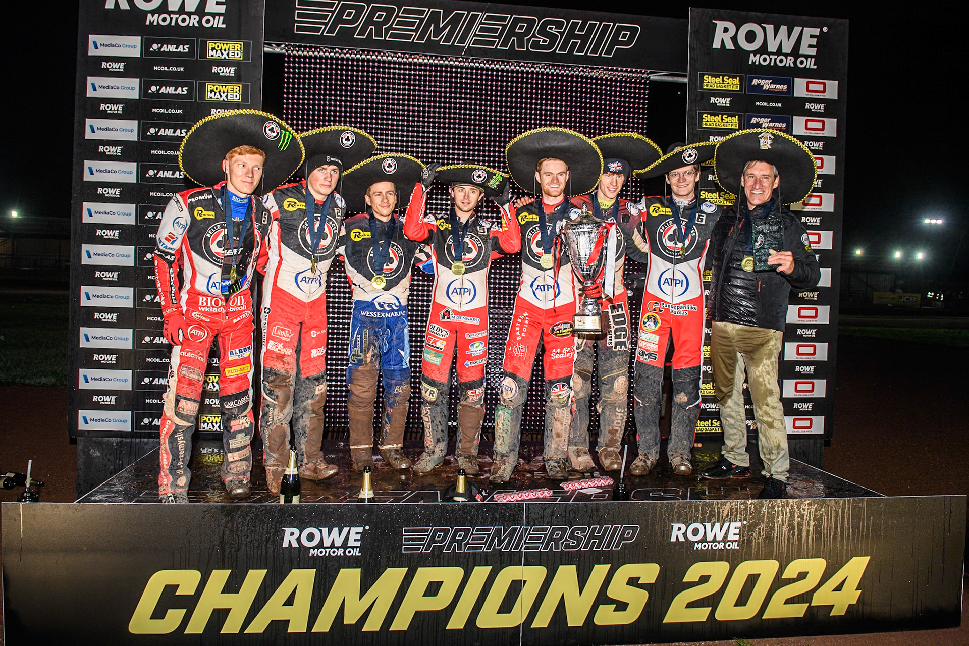 Belle Vue ATPI Aces league champions during the Rowe Motor Oil Premiership Grand Final 2nd Leg between Leicester Lions and Belle Vue Aces at the Pidcock Motorcycles Arena, Leicester on Thursday 26th September 2024. (Photo: Ian Charles | MI News)